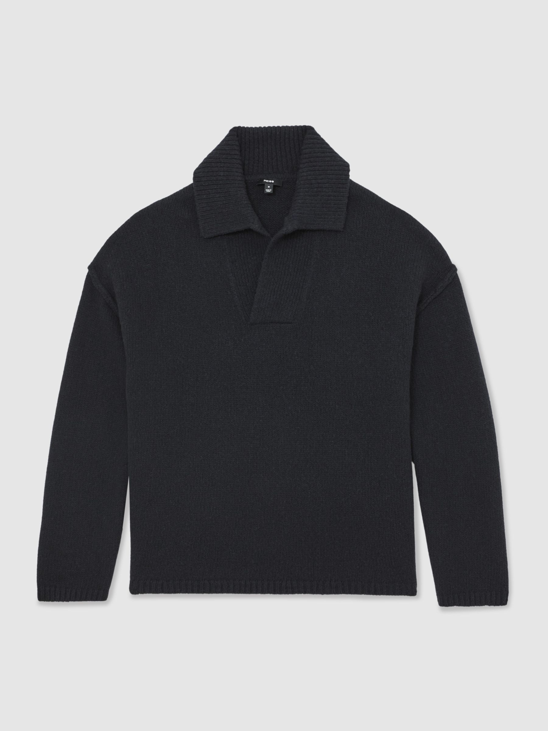 Wool-Blend Relaxed Open-Collar Jumper in Navy