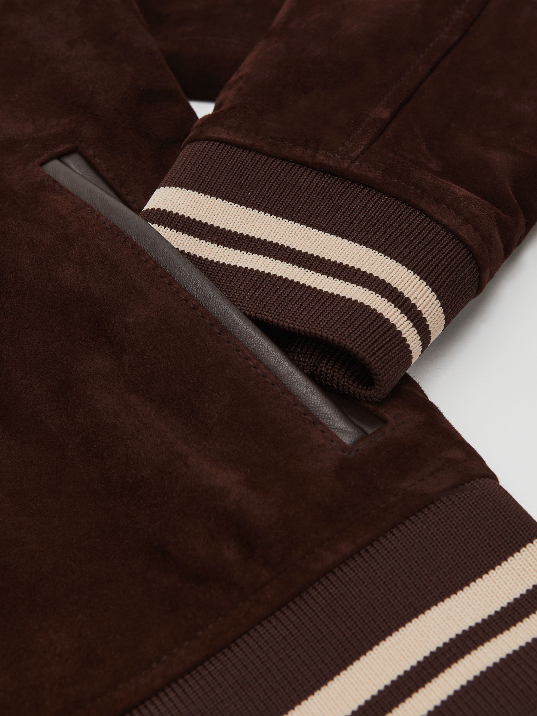 Suede Stripe-Trim Bomber Jacket in Chocolate Brown