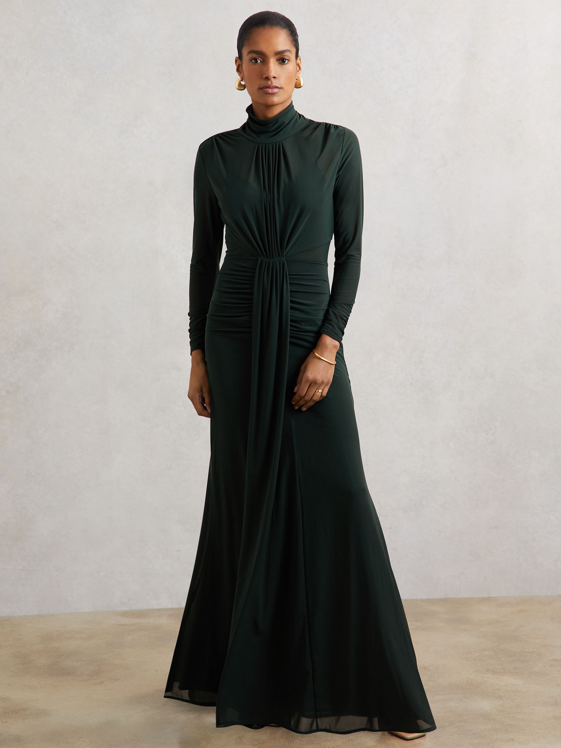 Petite Ruched Long-Sleeve Maxi Dress in Dark Green