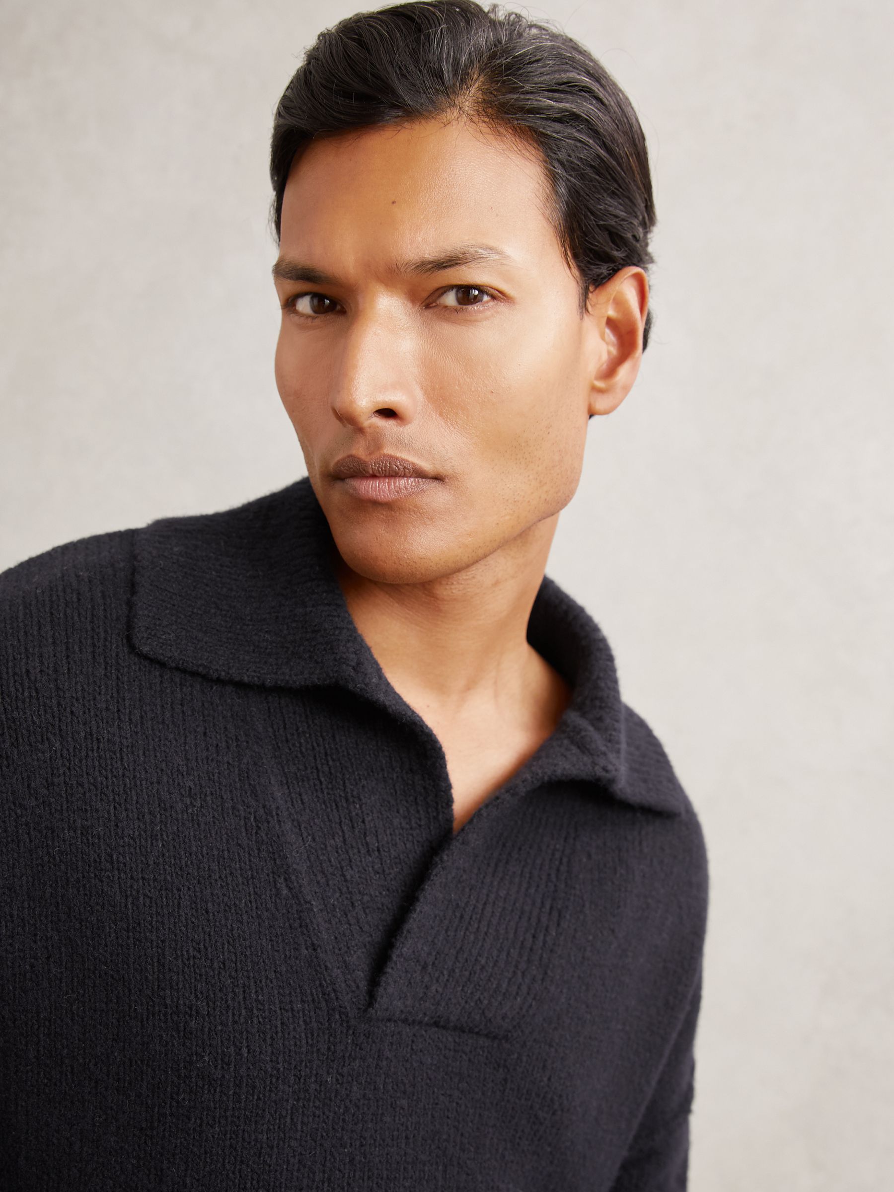 Wool-Blend Relaxed Open-Collar Jumper in Navy