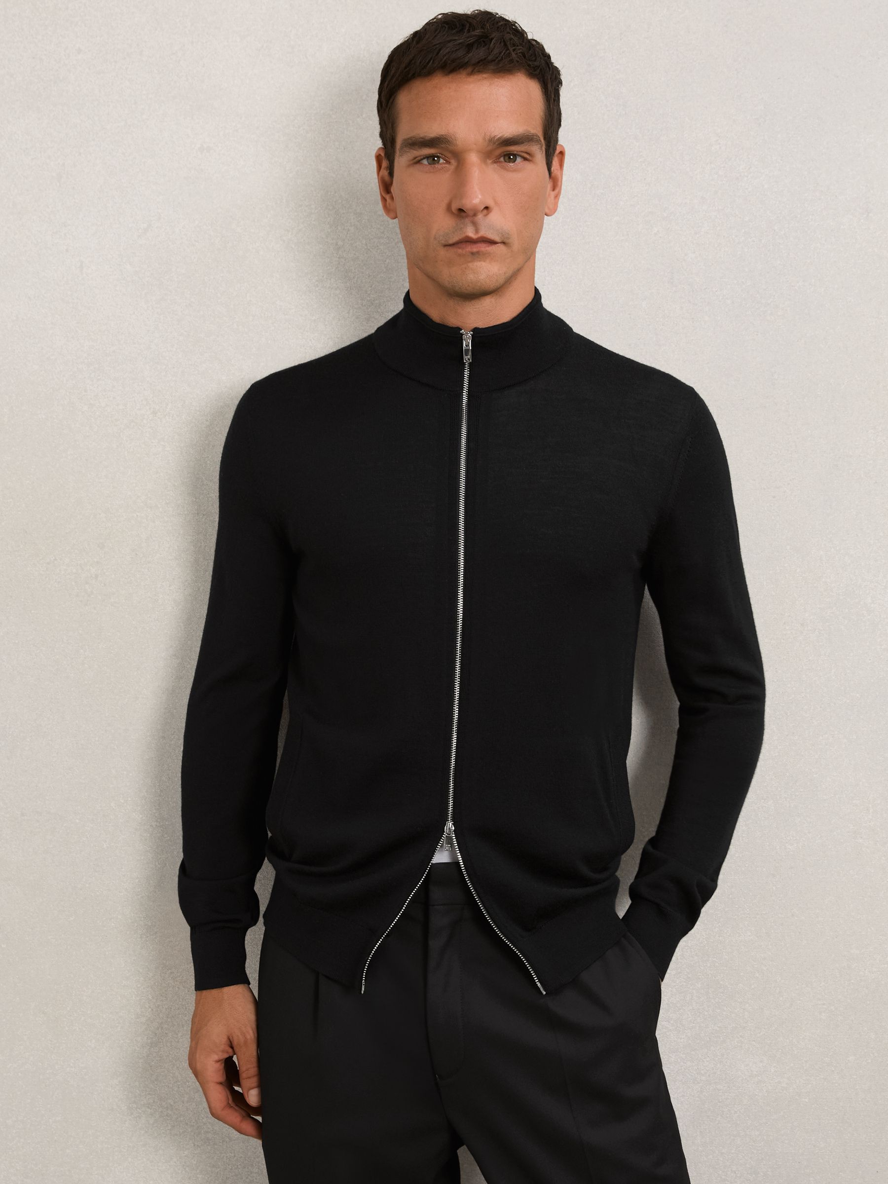 Merino Wool Zip-Through Cardigan in Black