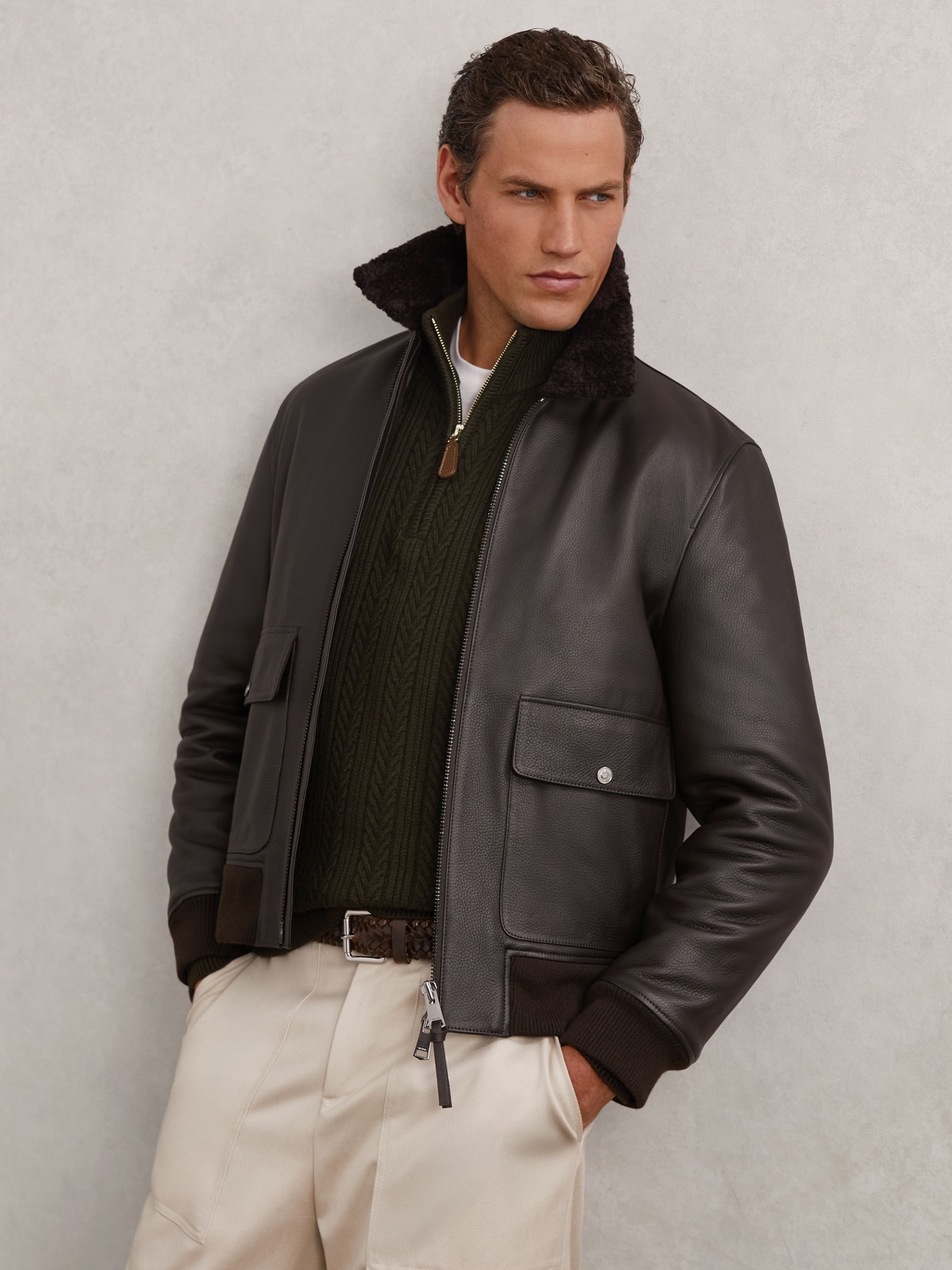 Cable-Knit Half-Zip Jumper with Wool in Dark Olive Green