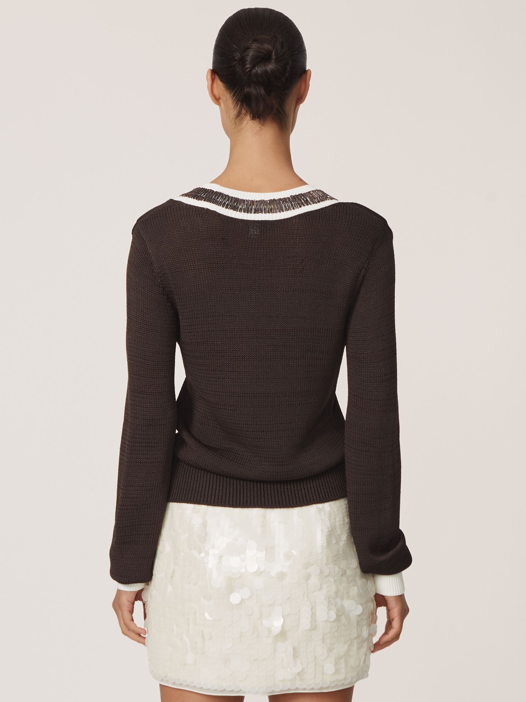 Bead-Detail V-Neck Knitted Jumper in Chocolate Brown