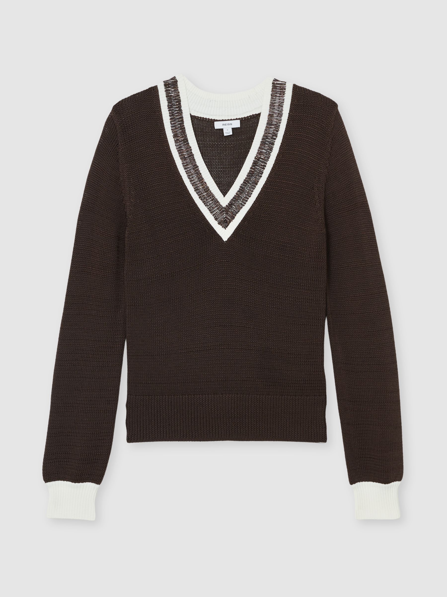Bead-Detail V-Neck Knitted Jumper in Chocolate Brown