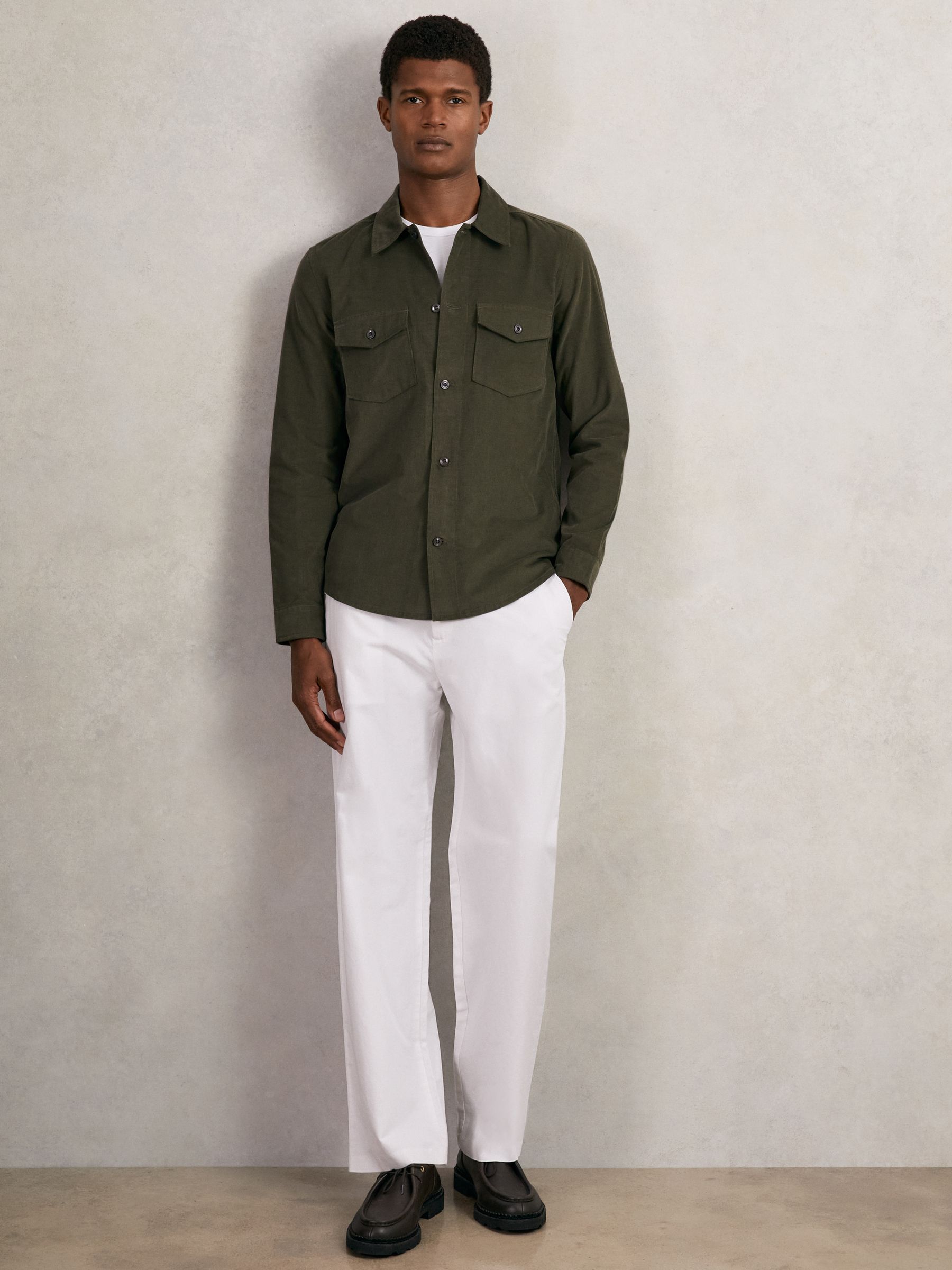 Cotton Corduroy Twin-Pocket Overshirt in Khaki Green