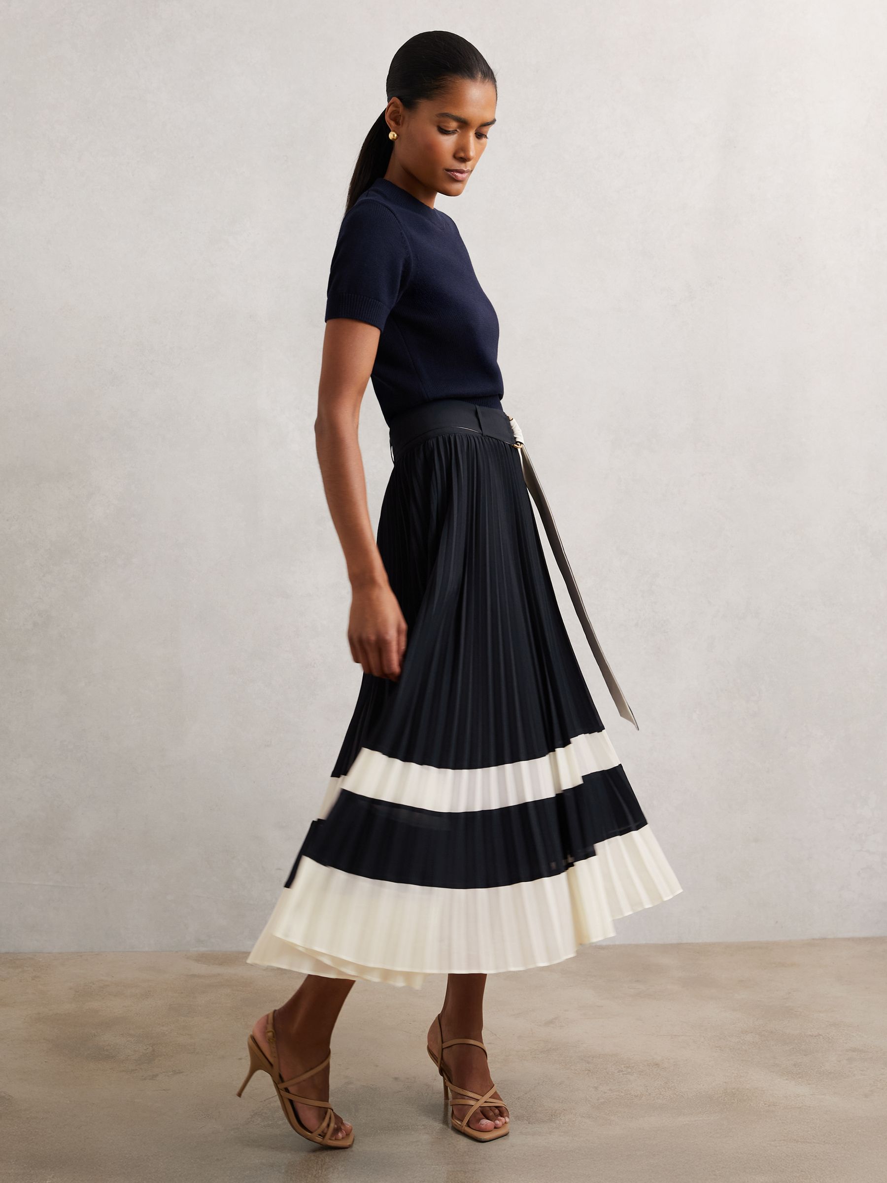 Belted Pleated Midi Skirt in Navy/Ivory