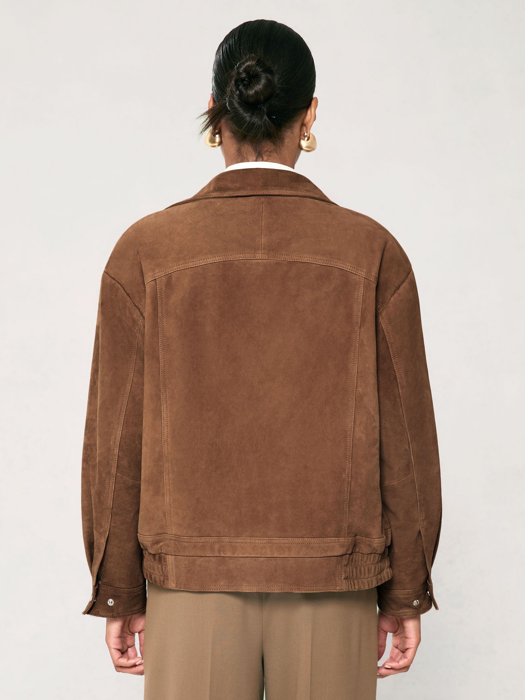 Suede Funnel-Neck Bomber Jacket in Tan