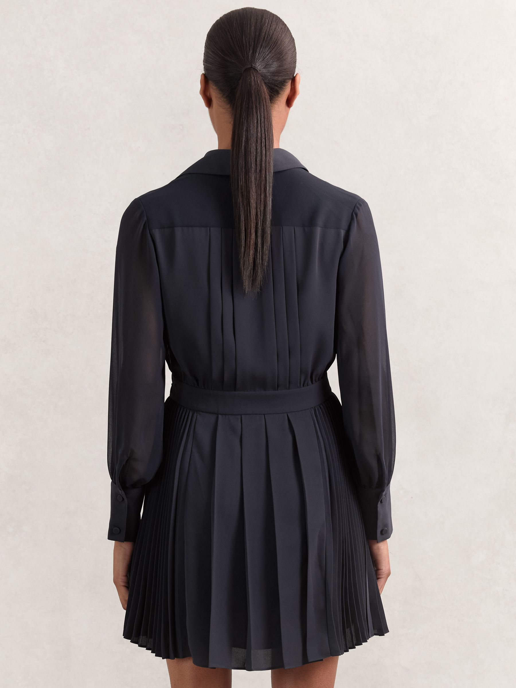 Pleated Sheer-Sleeve Mini Dress in Navy