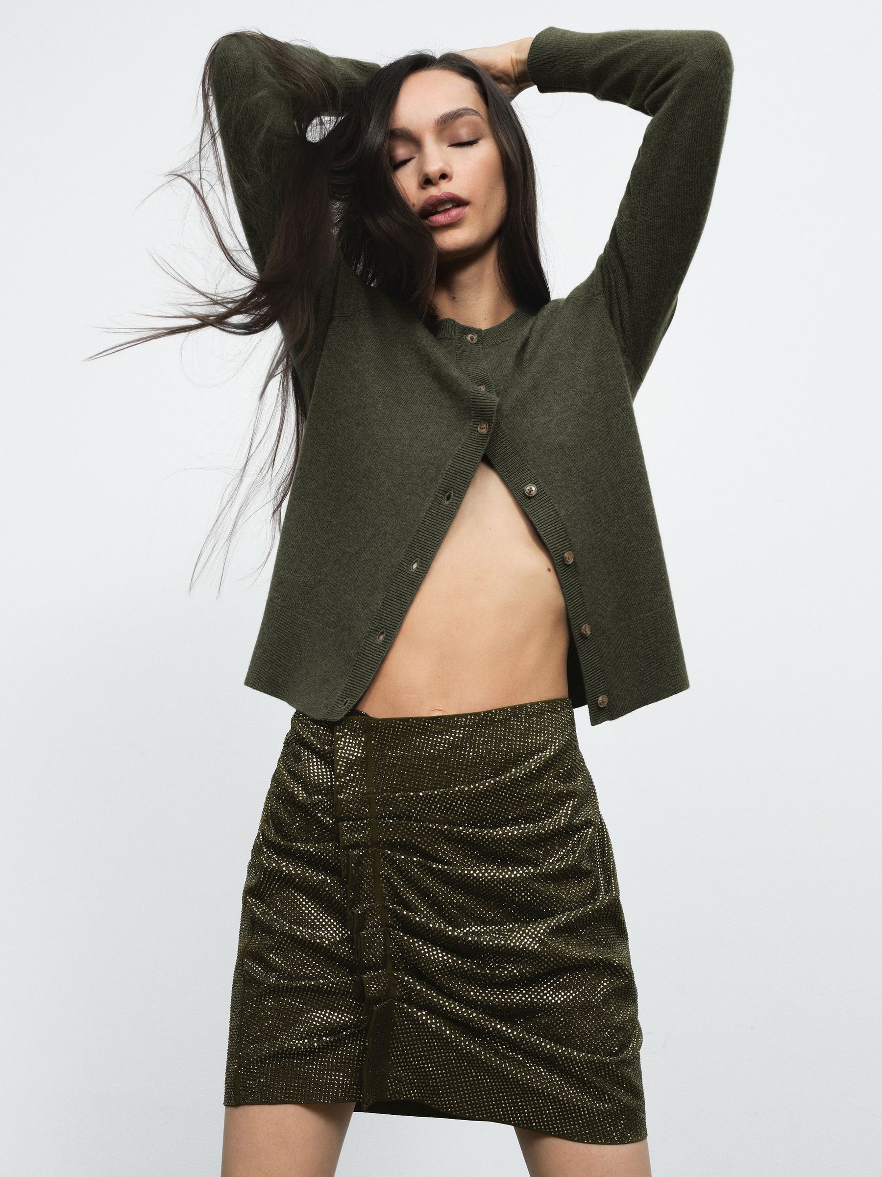 Crystal-Embellished Ruched Mini Skirt in Khaki Green