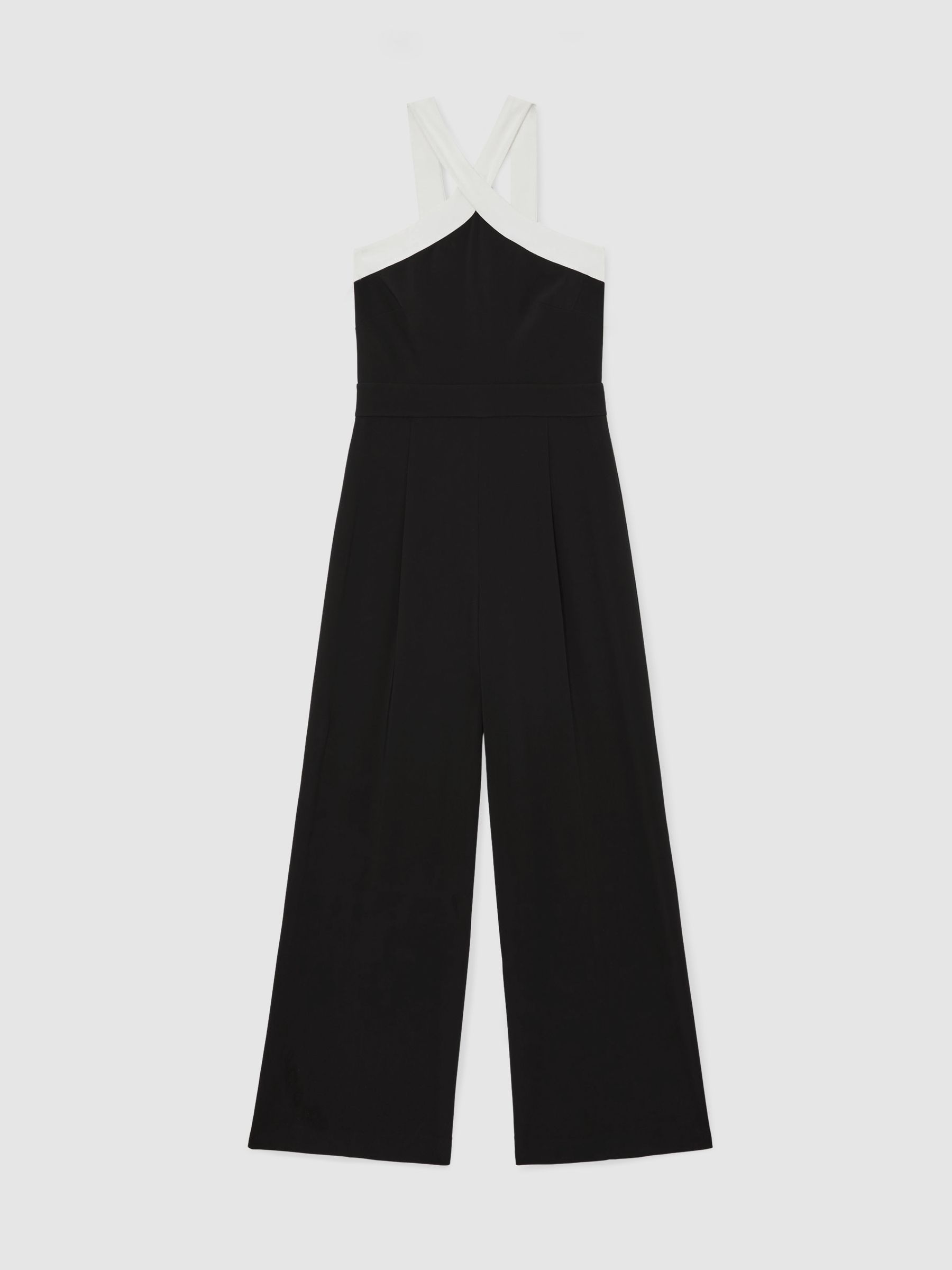 Colour-Block Halter Wide-Leg Jumpsuit in Black/Cream
