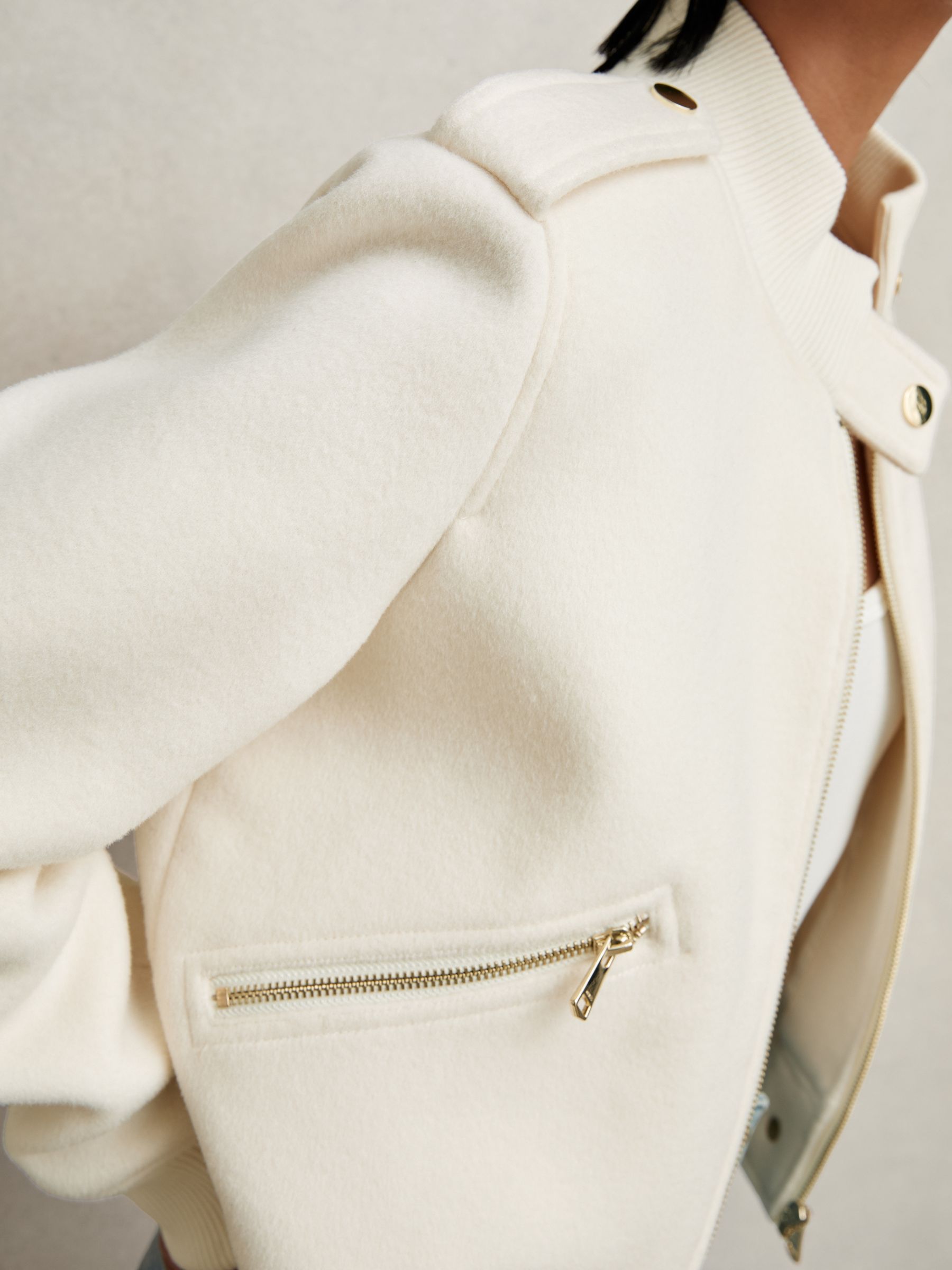 Brushed Wool Epaulette Bomber Jacket in Cream