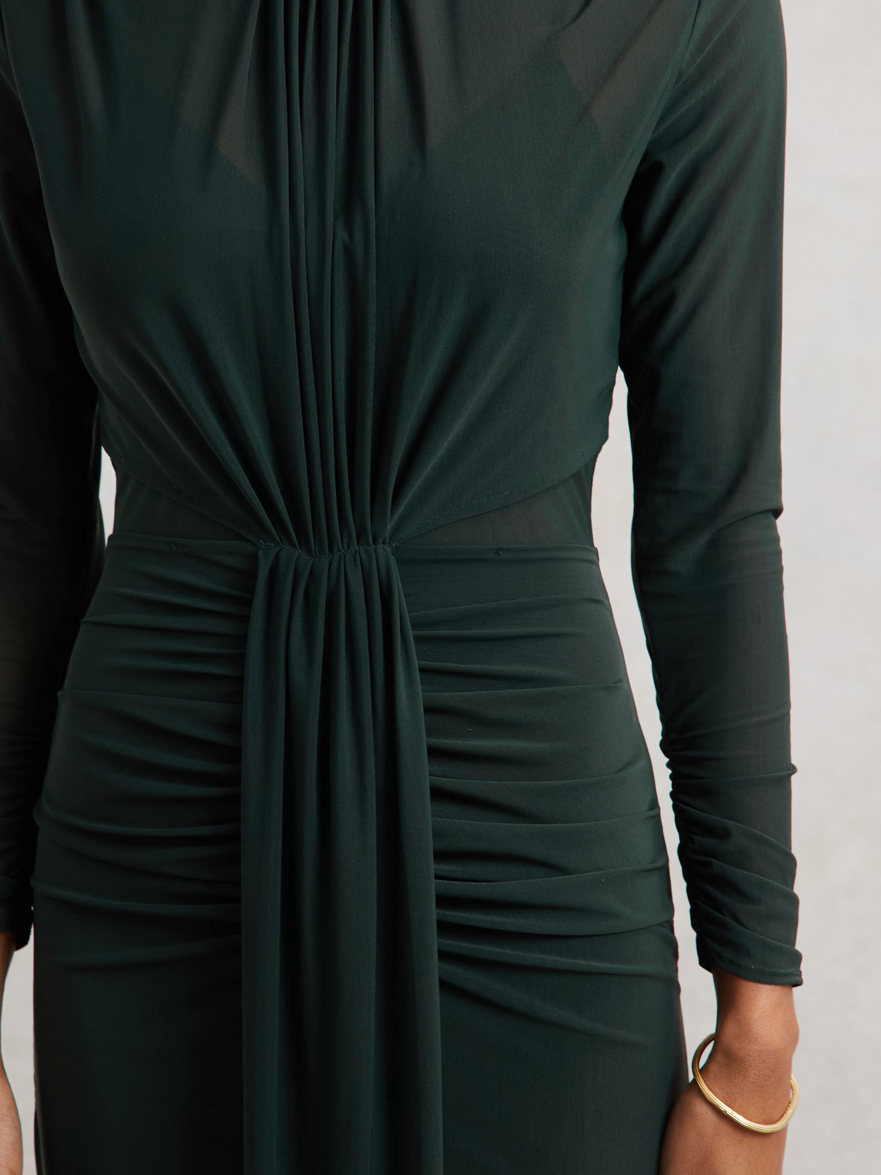 Petite Ruched Long-Sleeve Maxi Dress in Dark Green