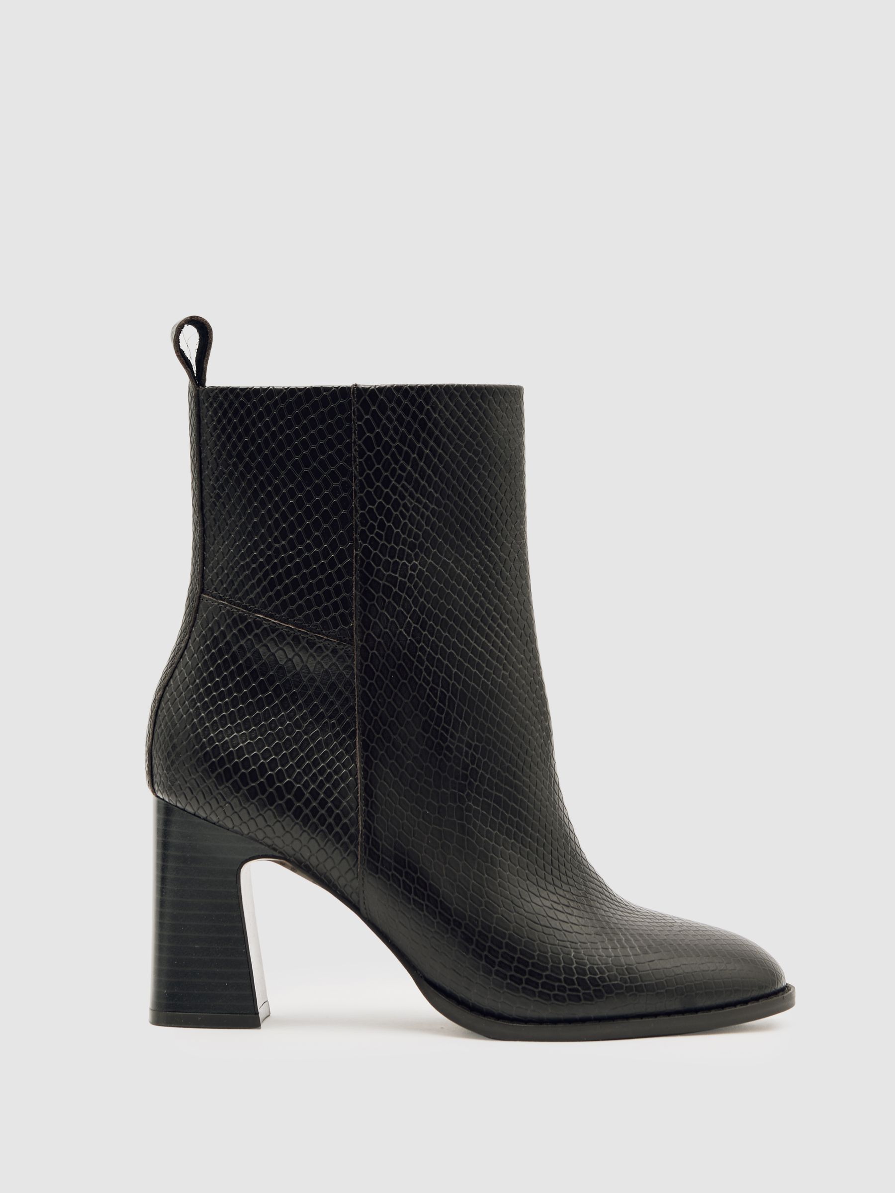 Leather Block-Heel Ankle Boots in Snake