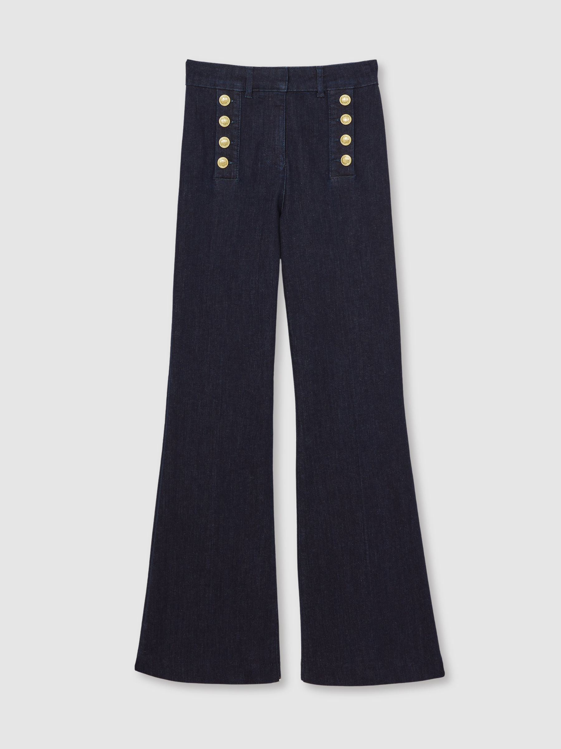 Button-Detail High-Rise Flared Jeans in Dark Blue