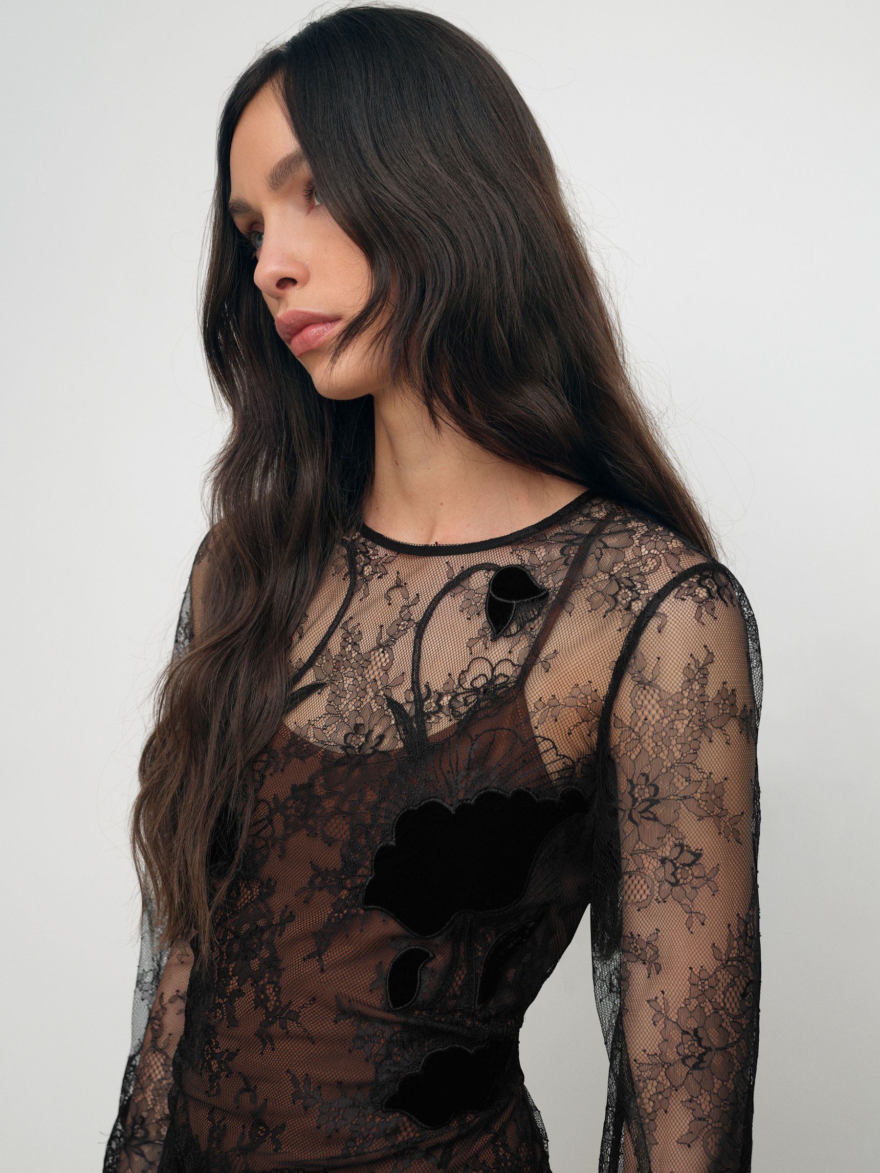 Lace Overlay Midi Dress in Black