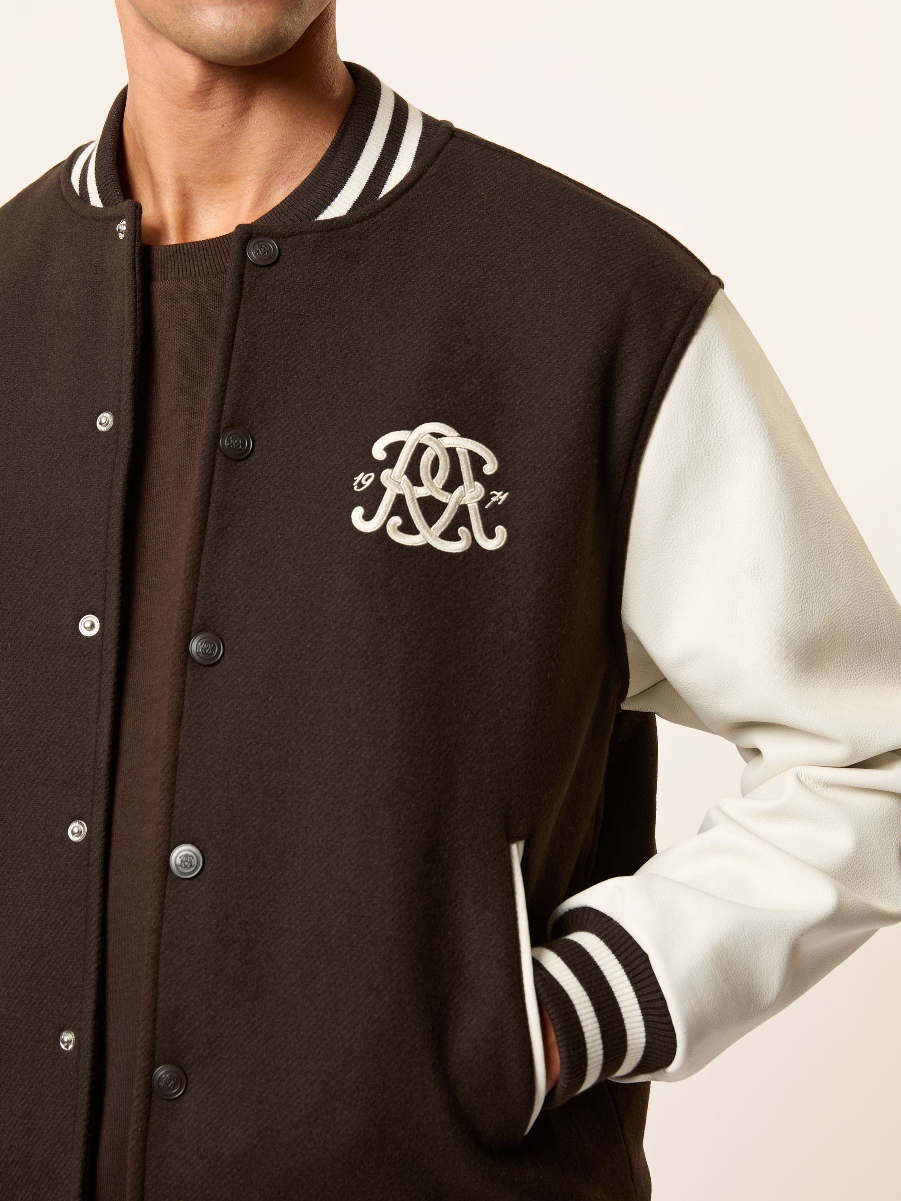 Monogram Leather-Sleeve Varsity Jacket in Brown/White