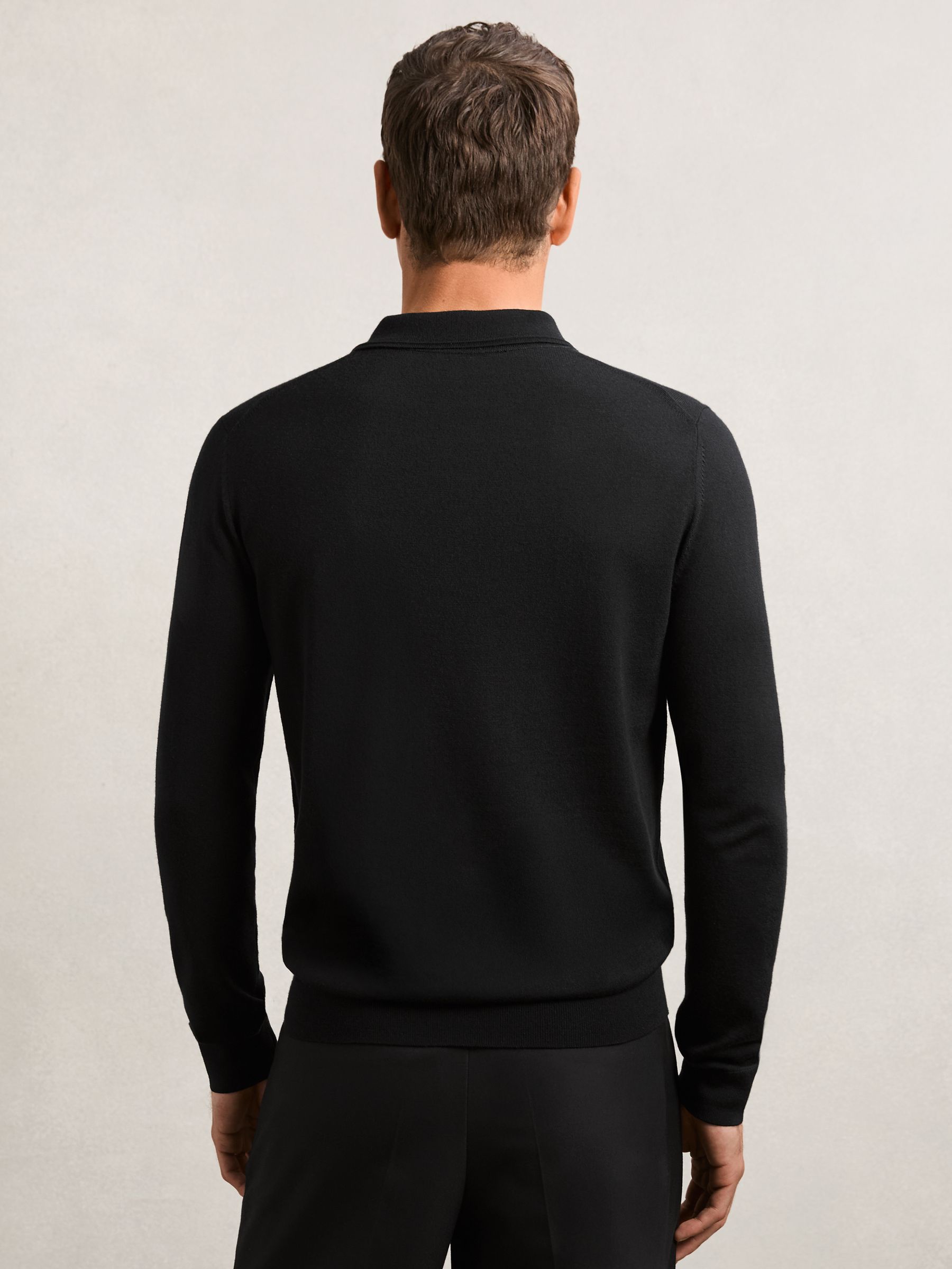 Merino Wool Long-Sleeve Polo Shirt in Black