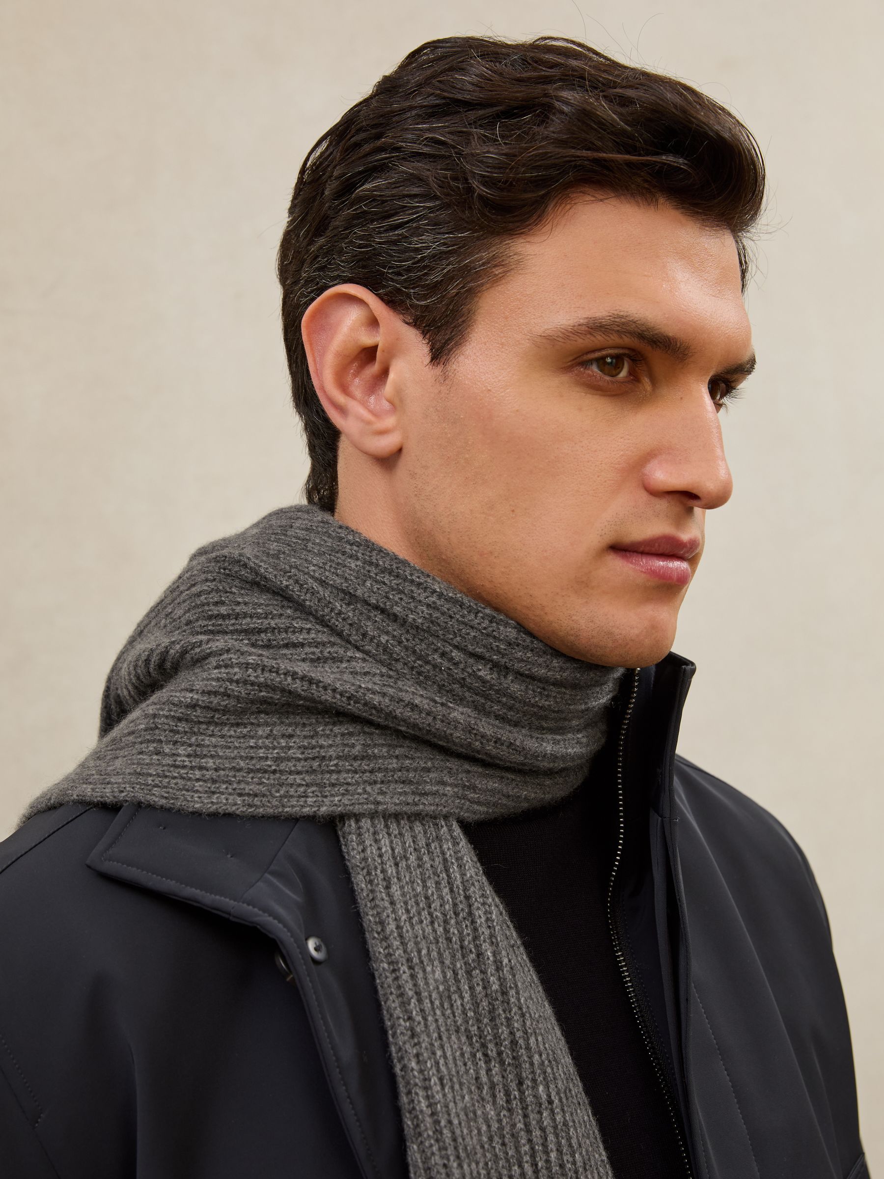 Atelier 100% Cashmere Rib-Knit Scarf in Mid Grey