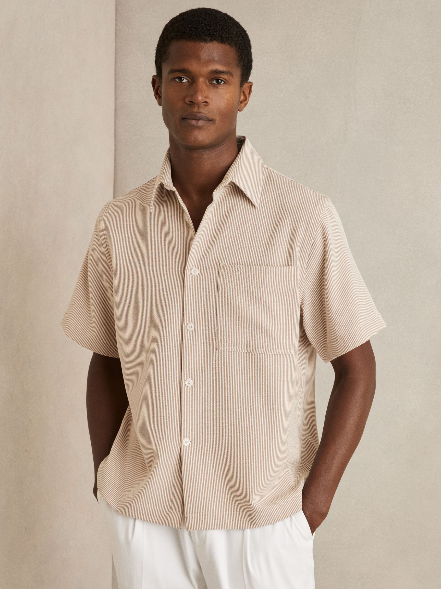 Seersucker Stripe Shirt in Oatmeal/White