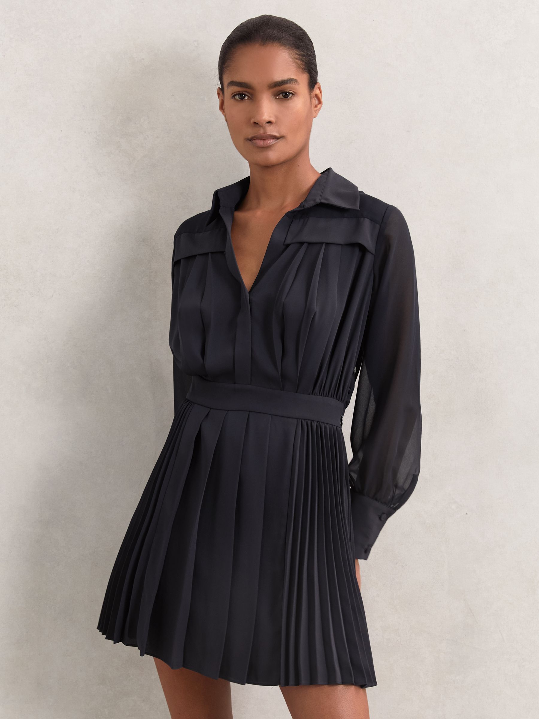Pleated Sheer-Sleeve Mini Dress in Navy