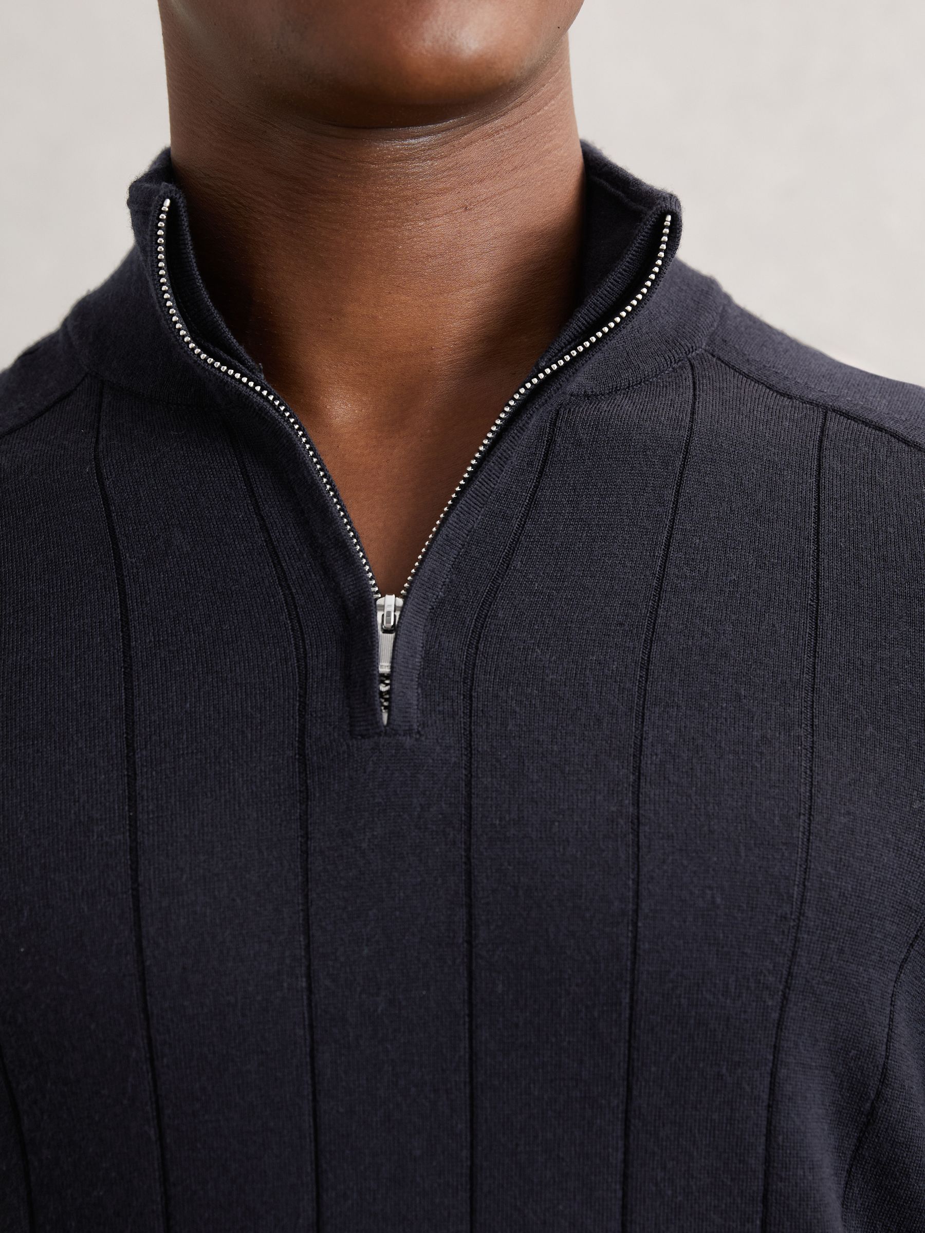 Merino Wool Wide-Rib Half-Zip Jumper in Navy