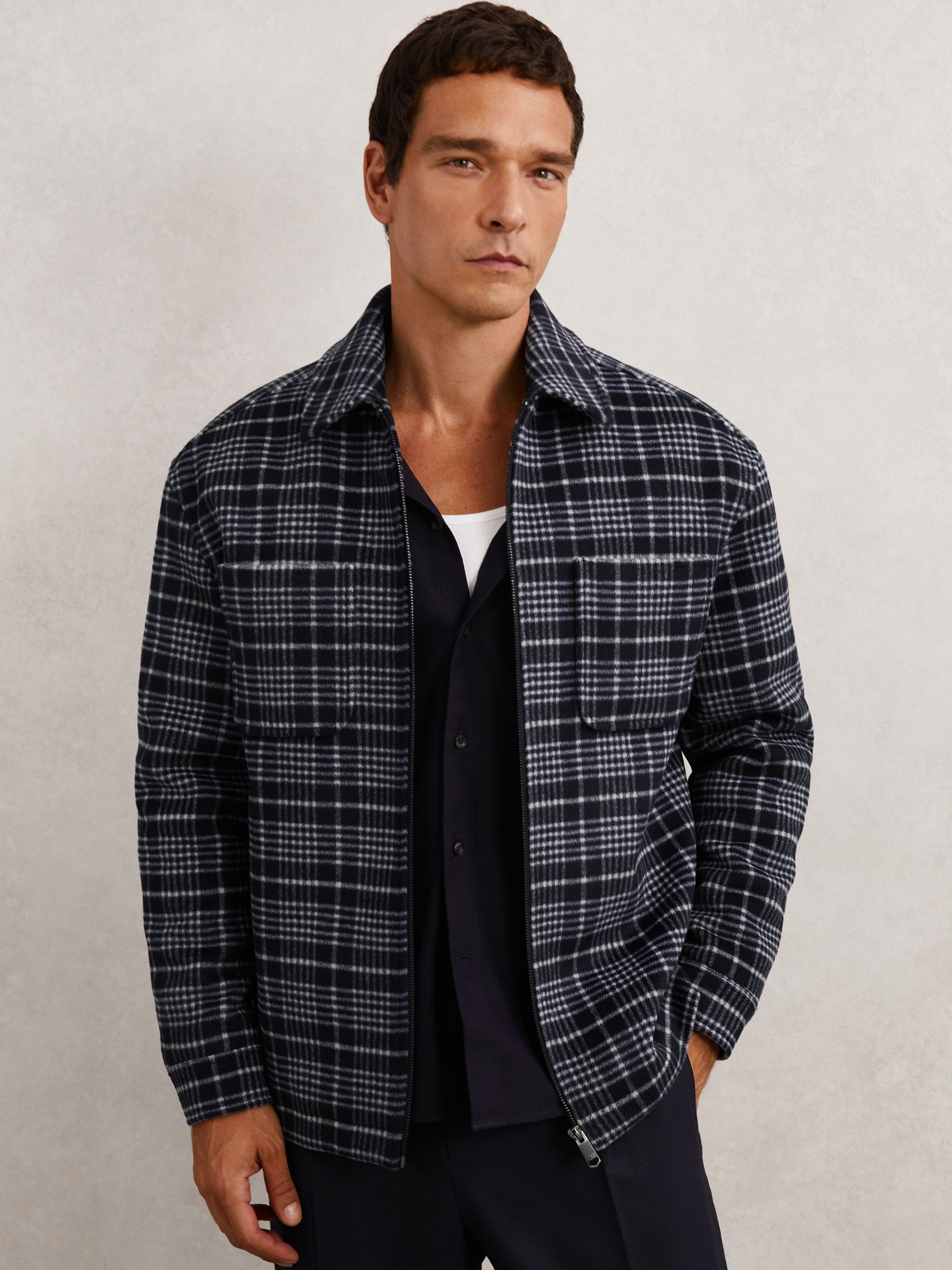 Wool-Blend Check Padded Overshirt in Blue