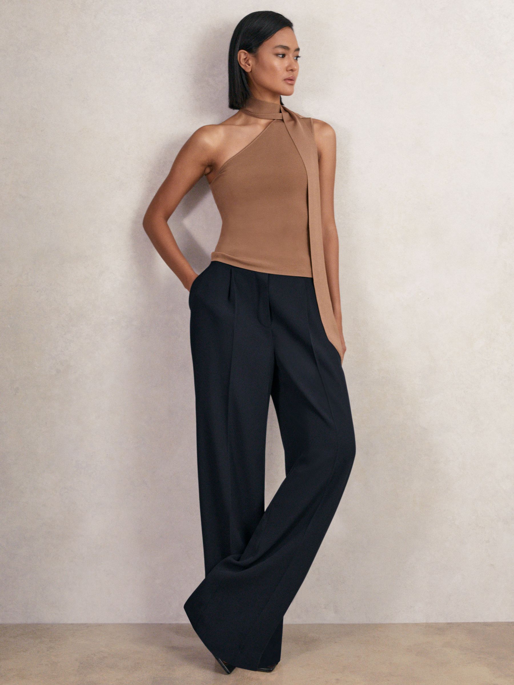 Petite Elasticated-Waist Wide-Leg Twill Trousers in Navy