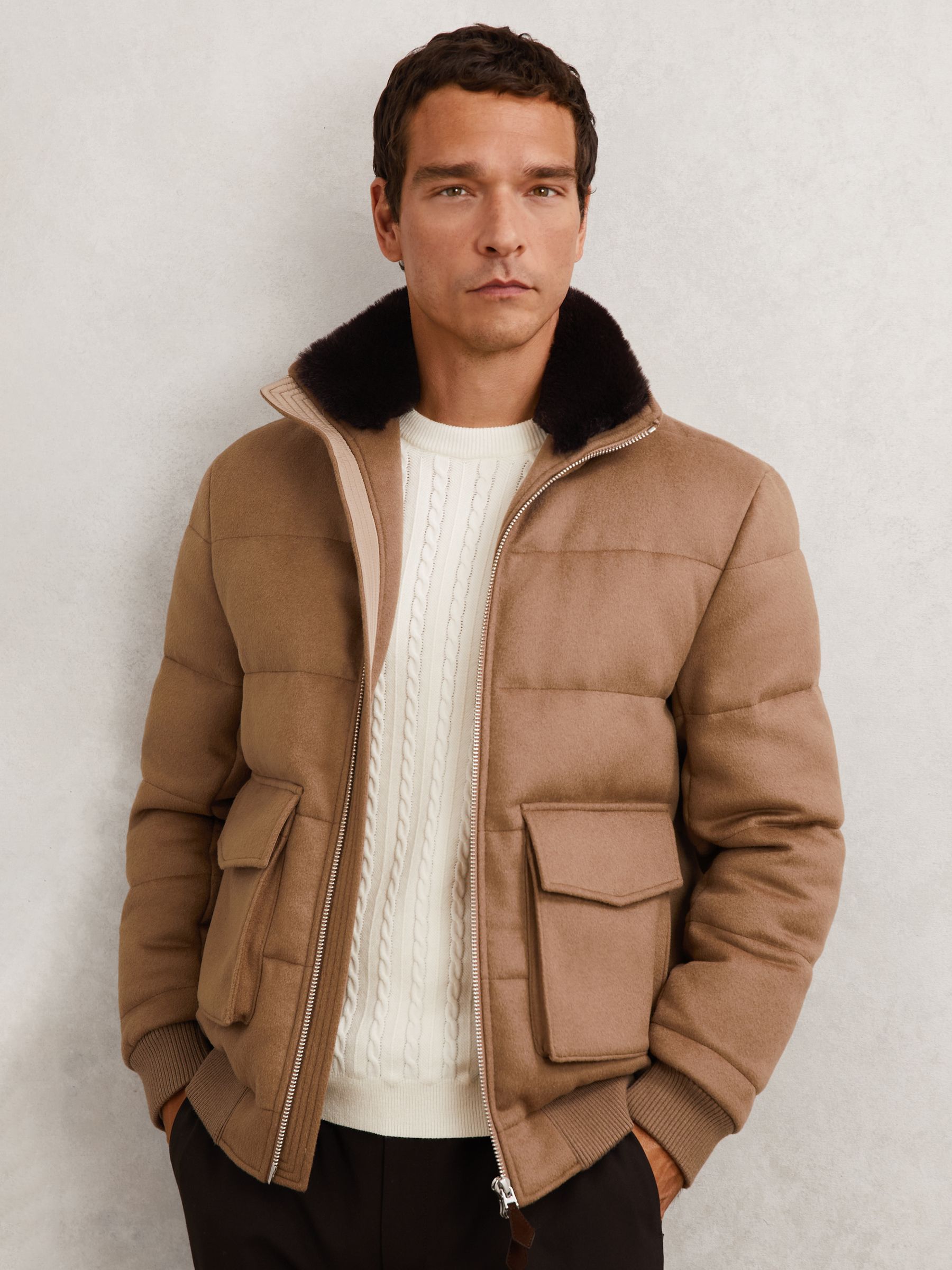 Faux-Fur Collar Quilted Puffer Jacket in Light Brown