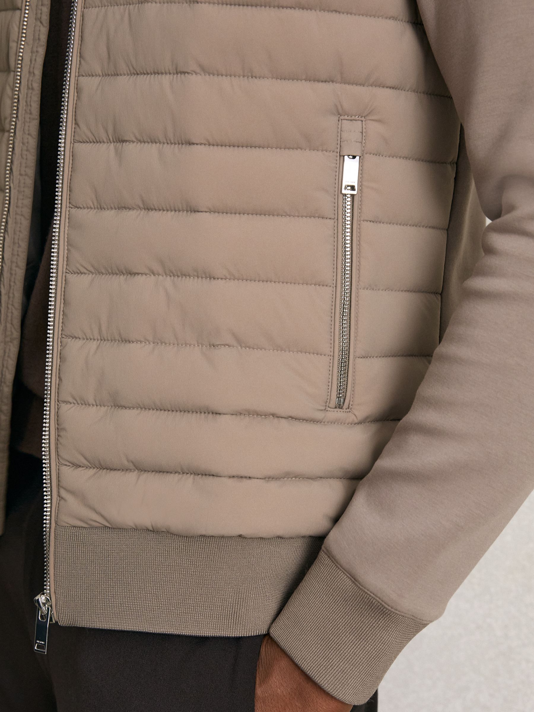 Hybrid Quilt and Knit Zip-Through Jacket in Taupe Brown