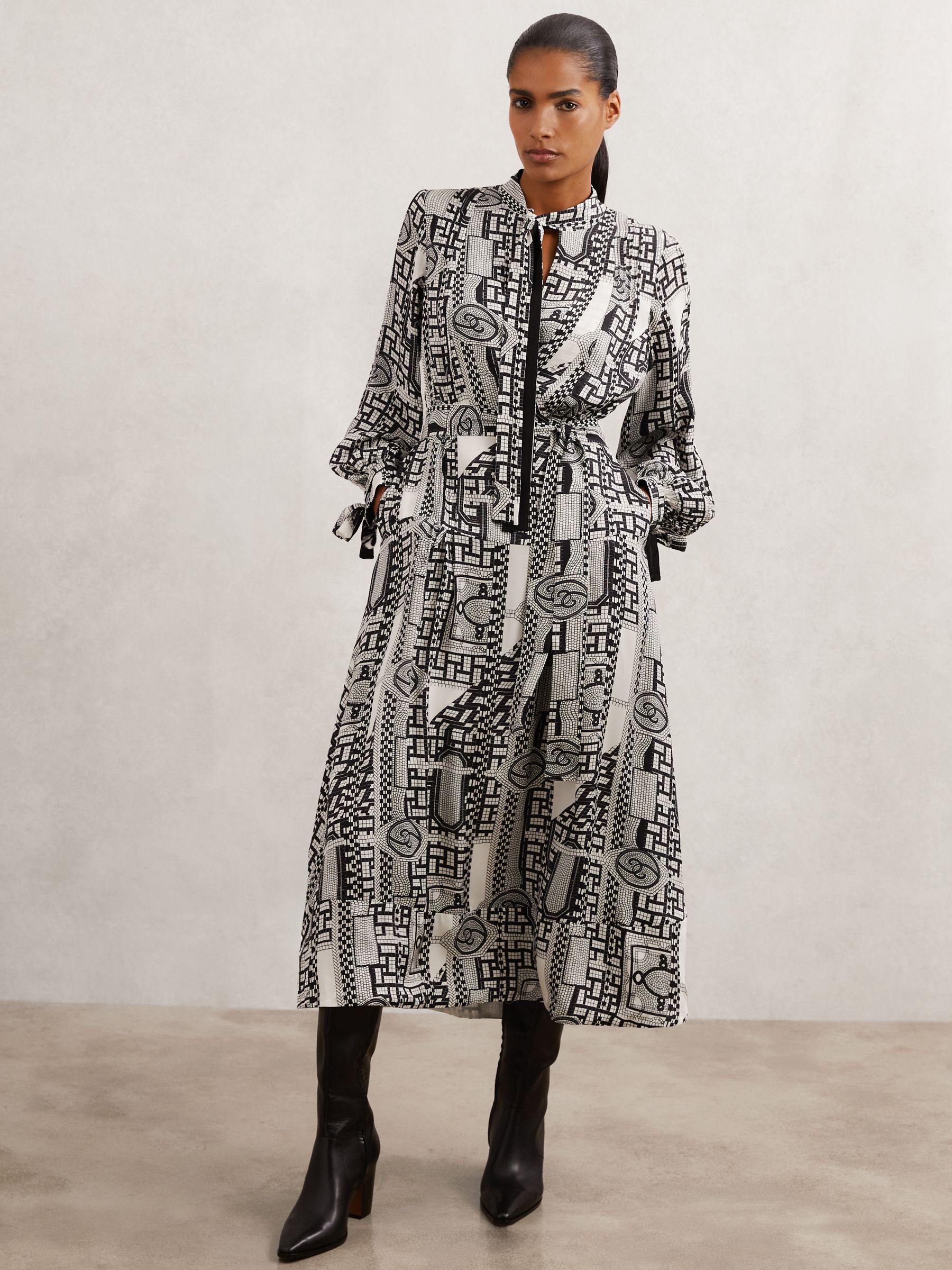 Geometric-Print Tie-Neck Dress in Black/Ivory