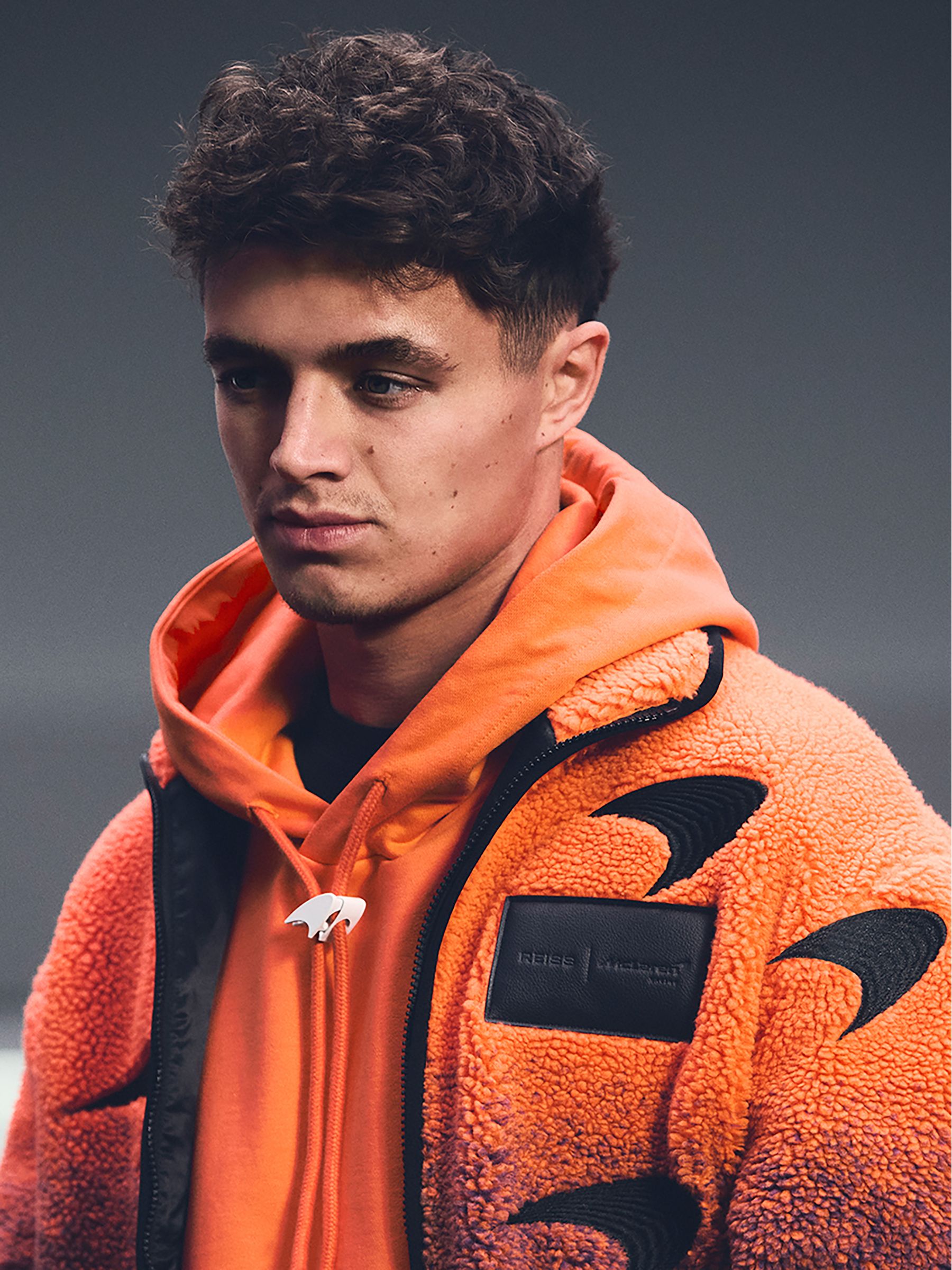 Unisex Fit McLaren F1 Team Ombré Fleece Jacket in Papaya Orange/Purple