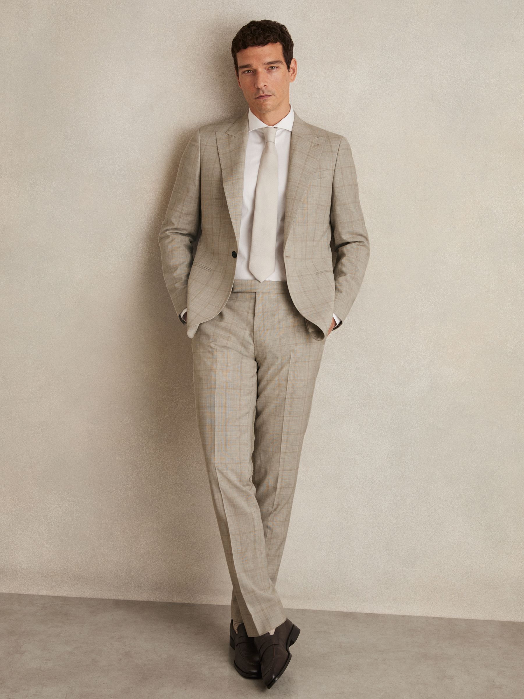 Slim-Fit Single-Breasted Wool Check Suit Blazer in Oatmeal Brown