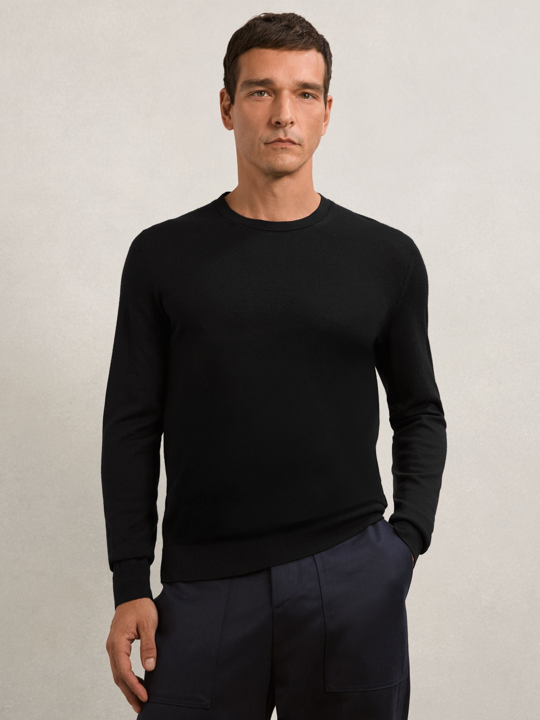 Merino Wool Crew Neck Jumper in Midnight Navy
