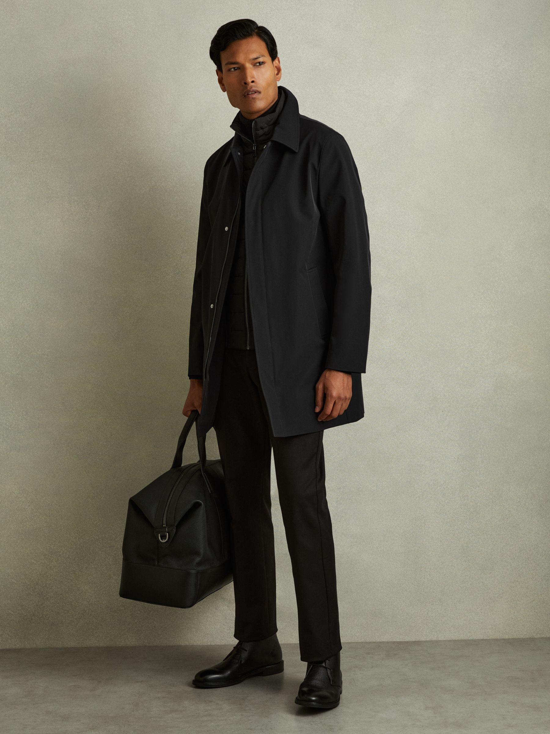 Hybrid Removable Funnel Neck Overcoat in Black