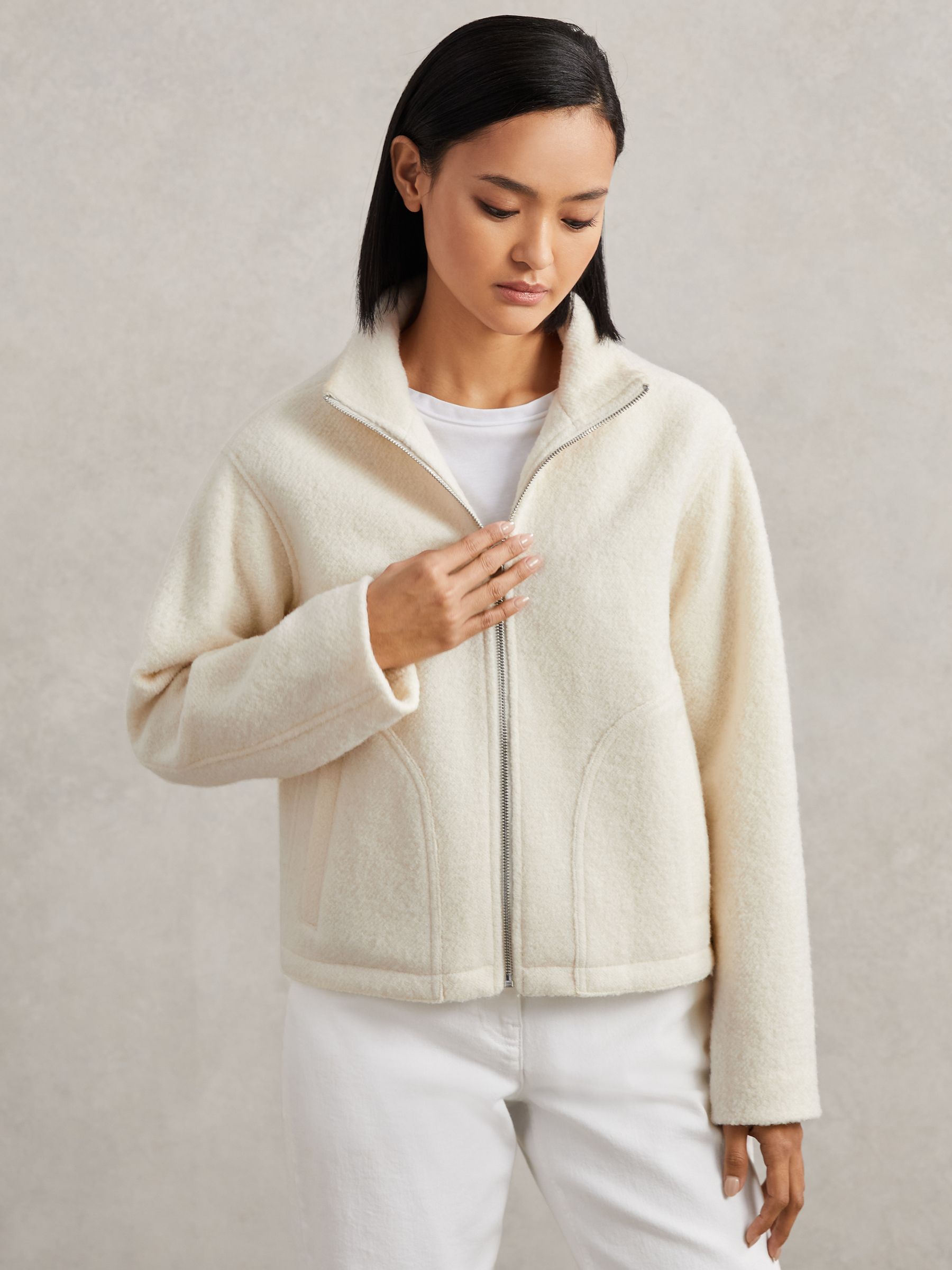 Wool Felted Funnel-Neck Jacket in Cream