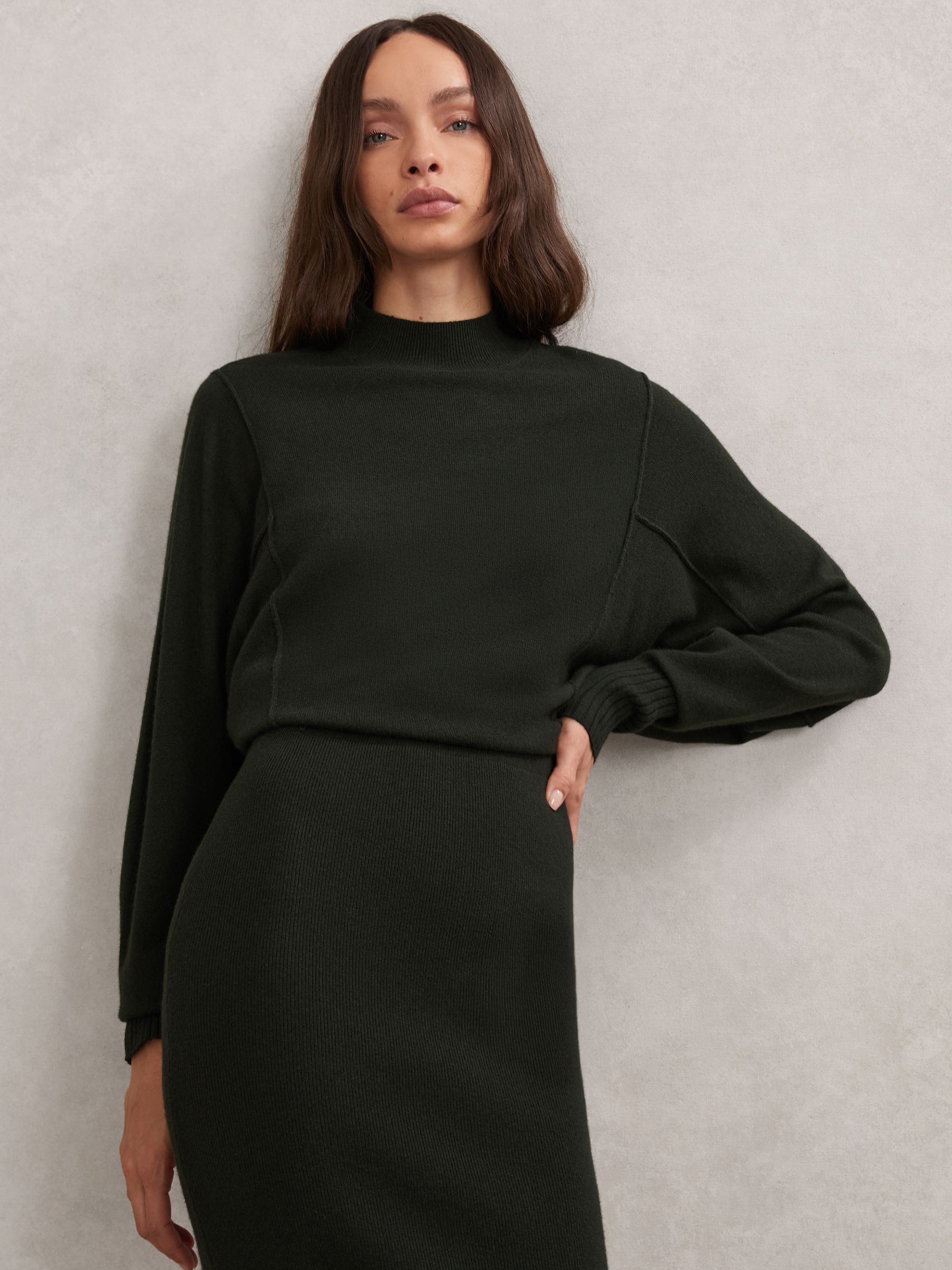 Wool-Blend High-Neck Knitted Dress with Cashmere in Dark Green