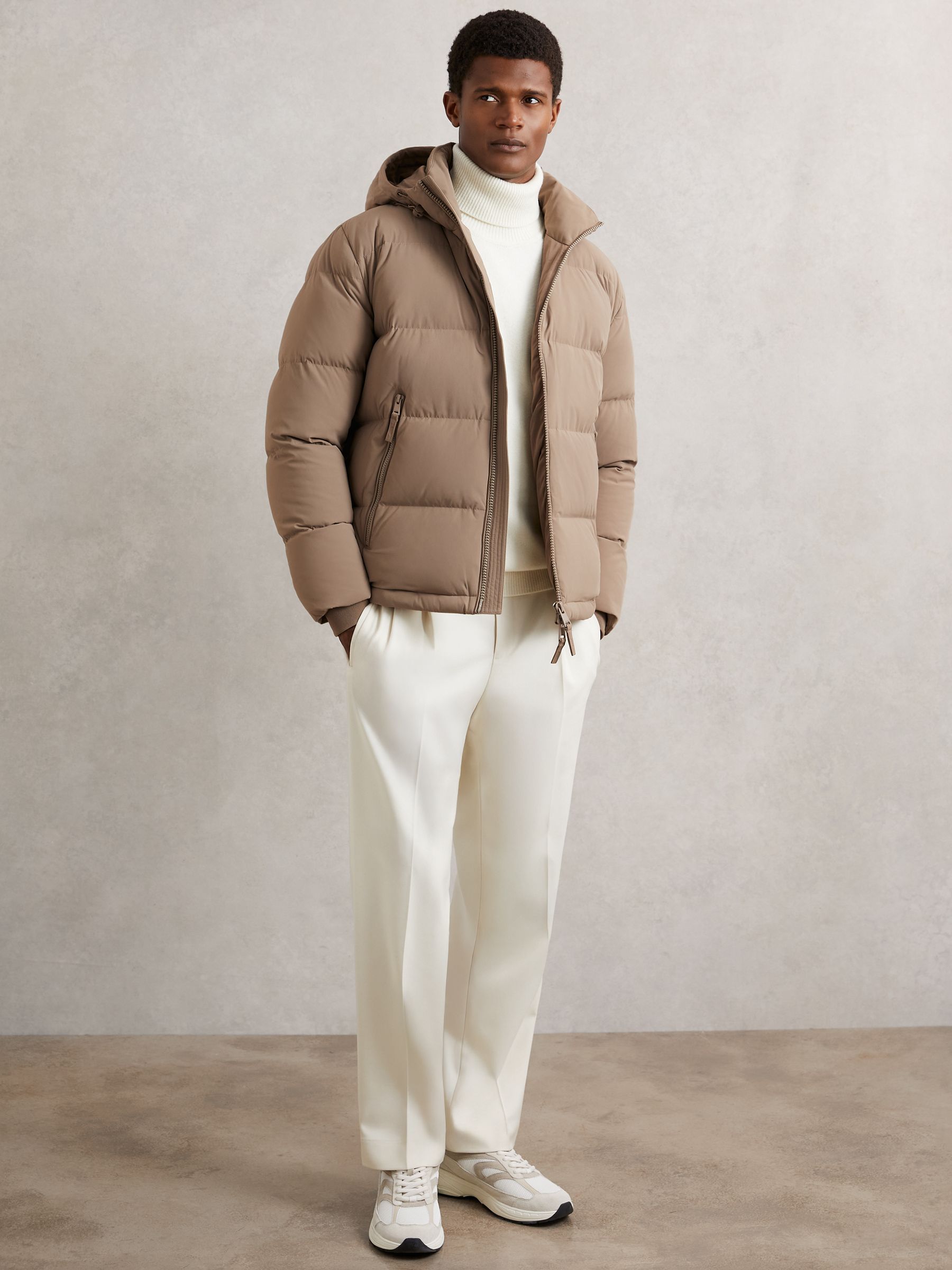 Quilted Zip-Through Puffer Jacket in Light Camel Brown