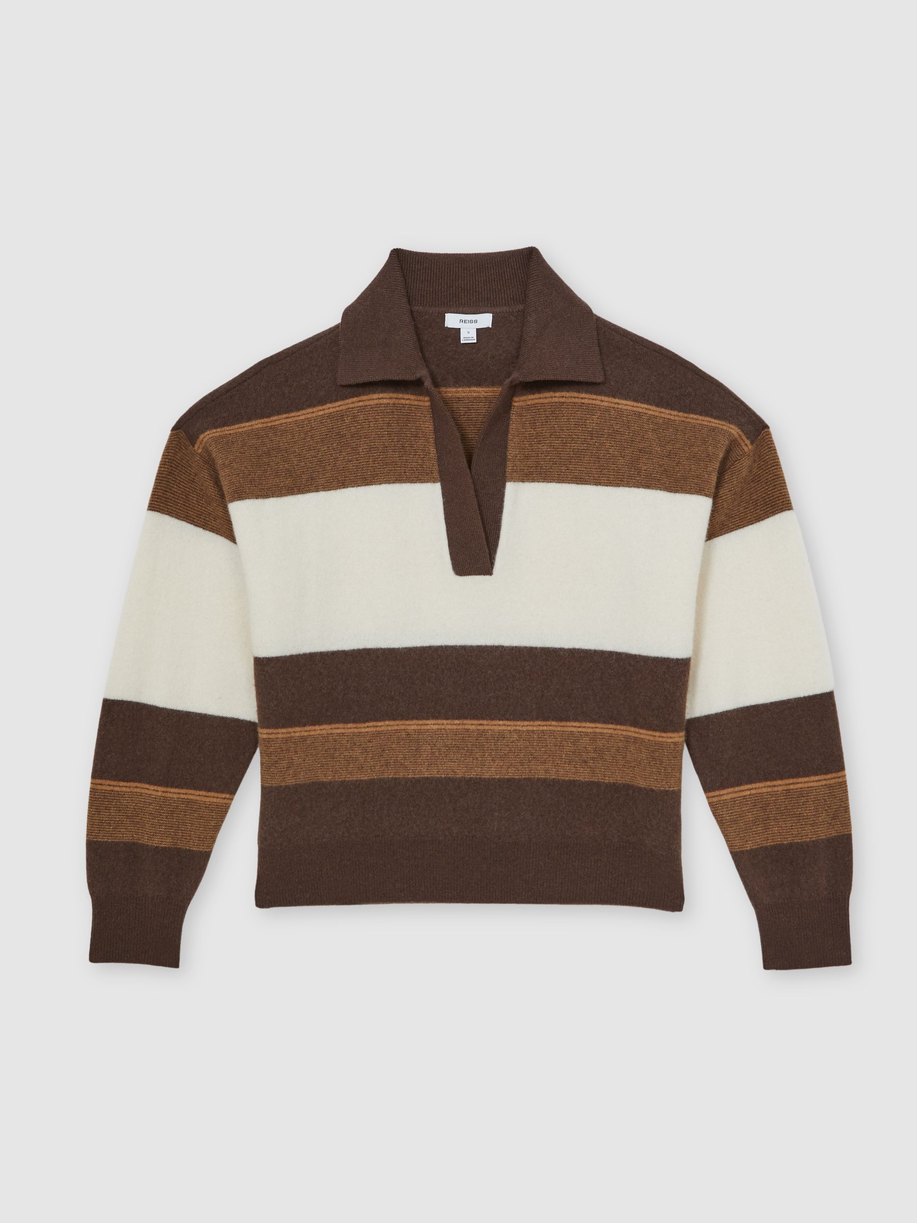 Wool-Cashmere Stripe Collared Jumper in Chocolate/Cream