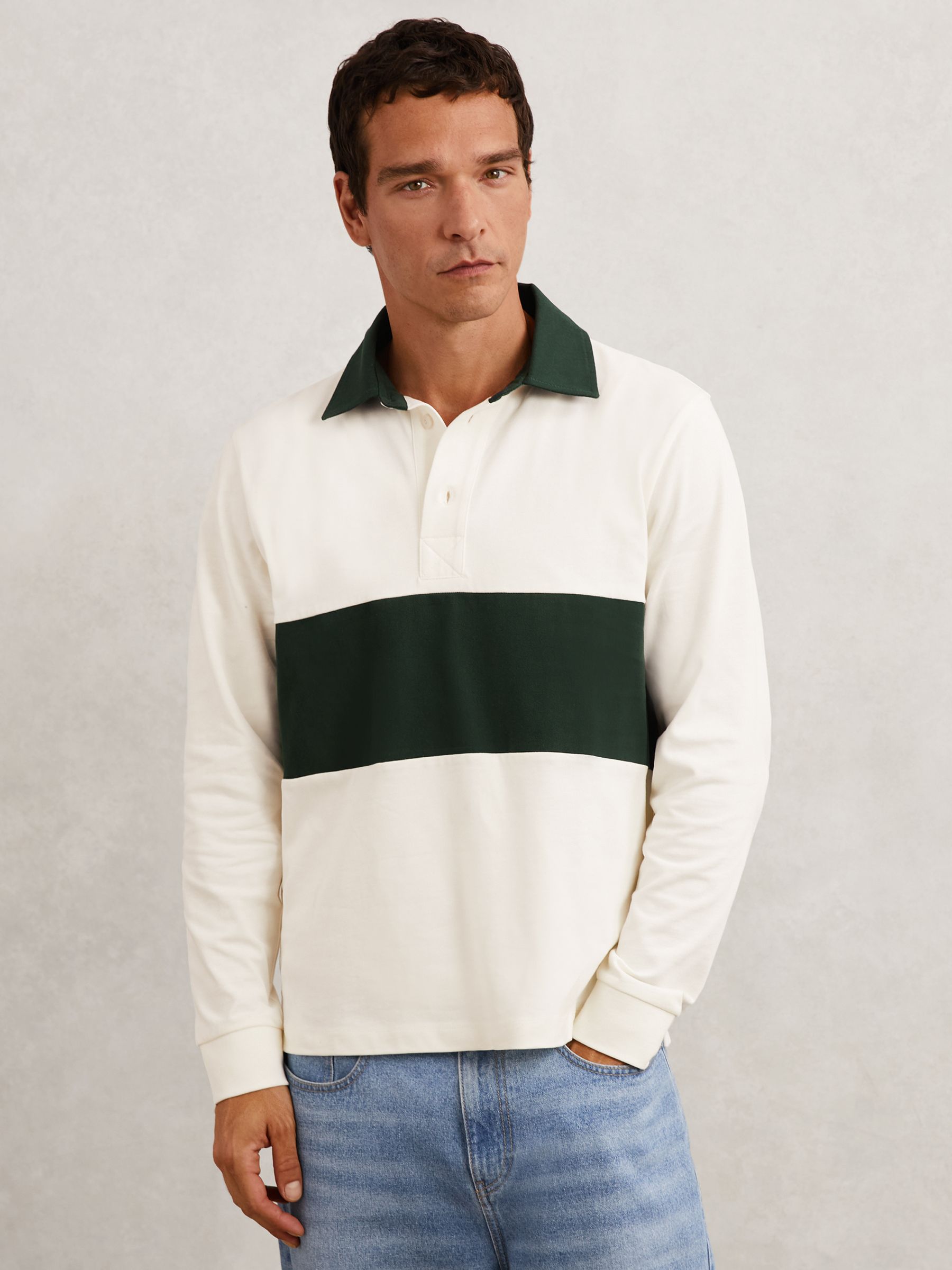 Cotton Colourblock Rugby Shirt in White/Green