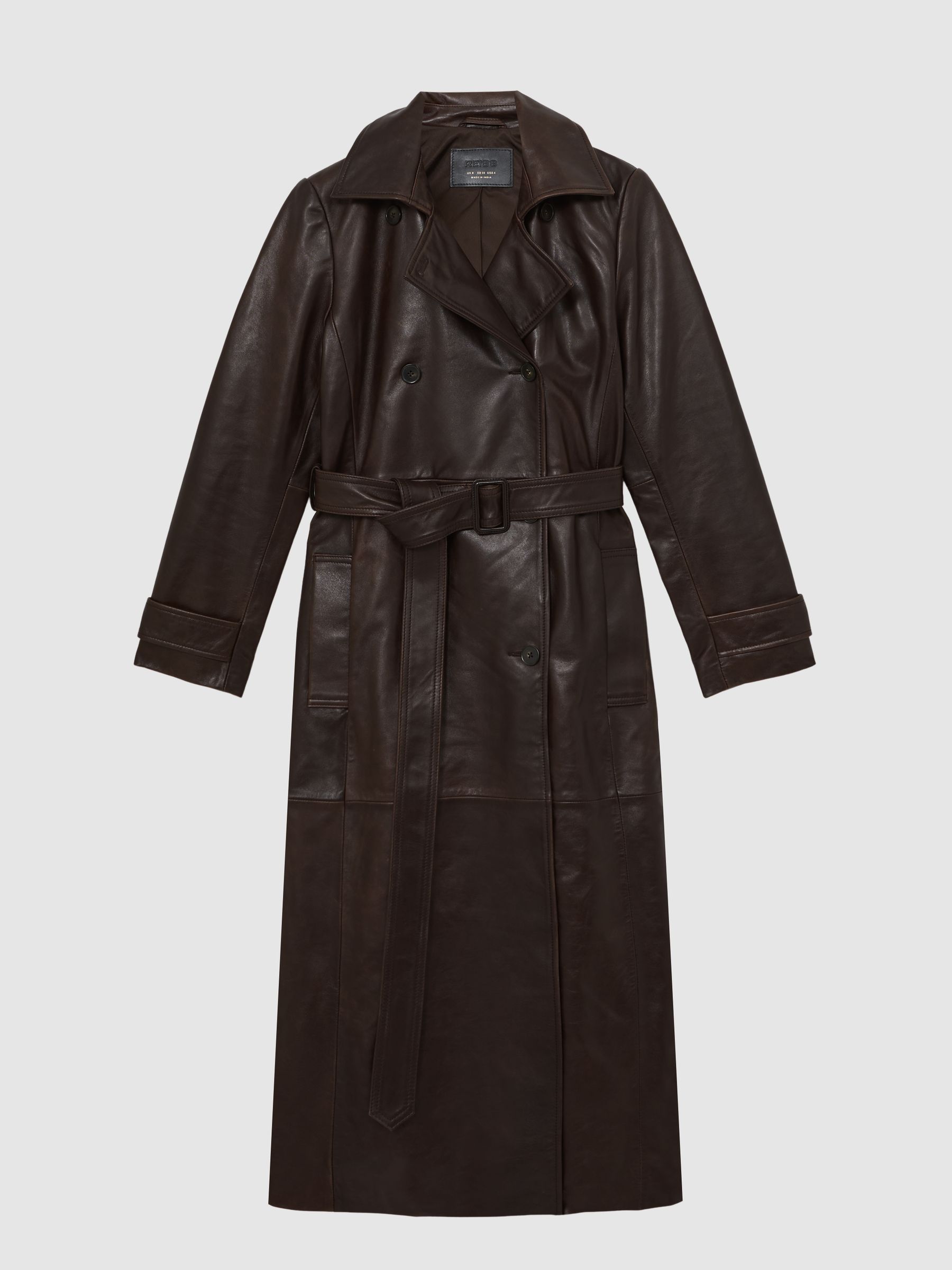 Leather Double-Breasted Trench Coat in Chocolate