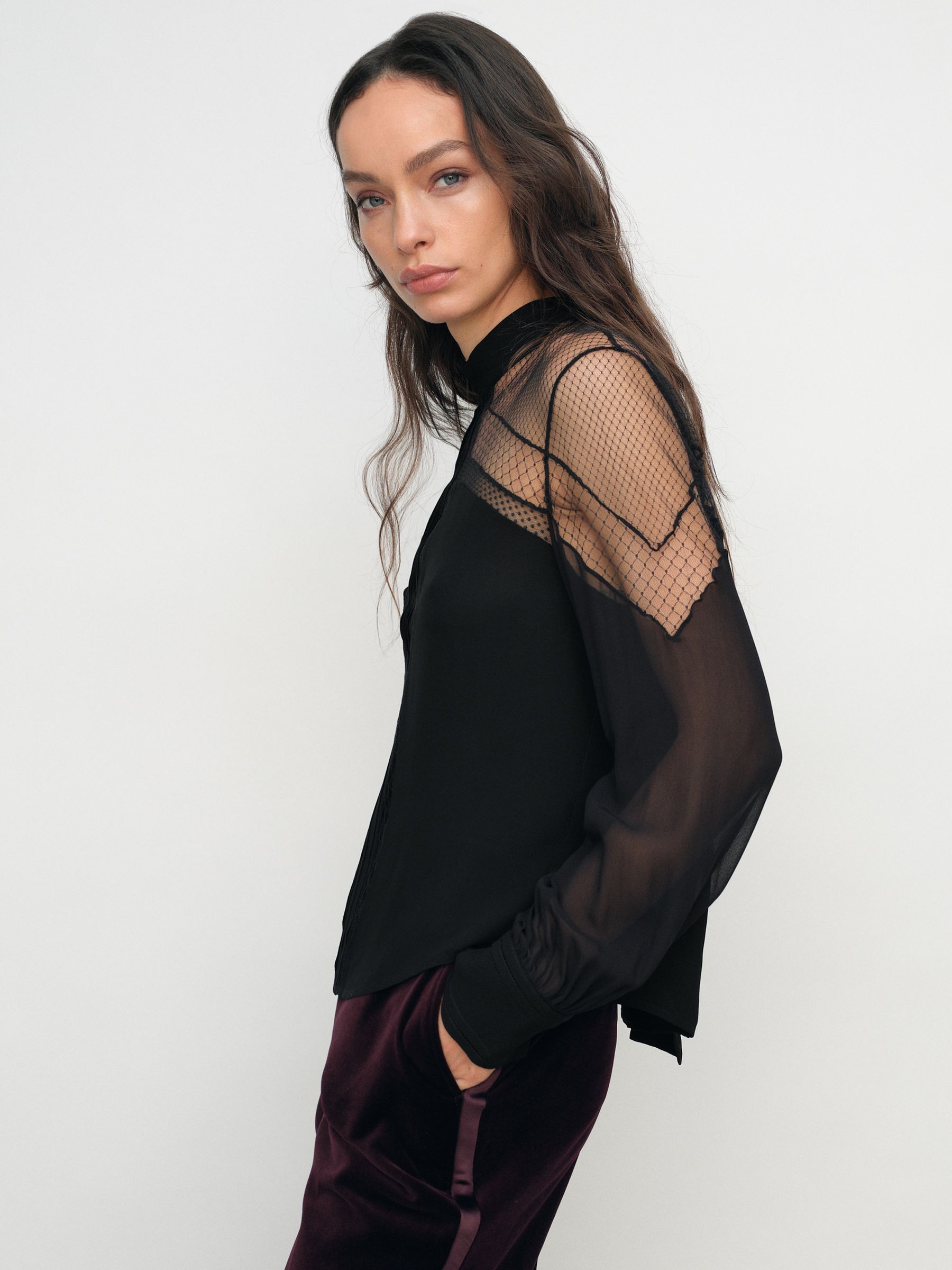 Lace-Insert Tie-Back Blouse in Black