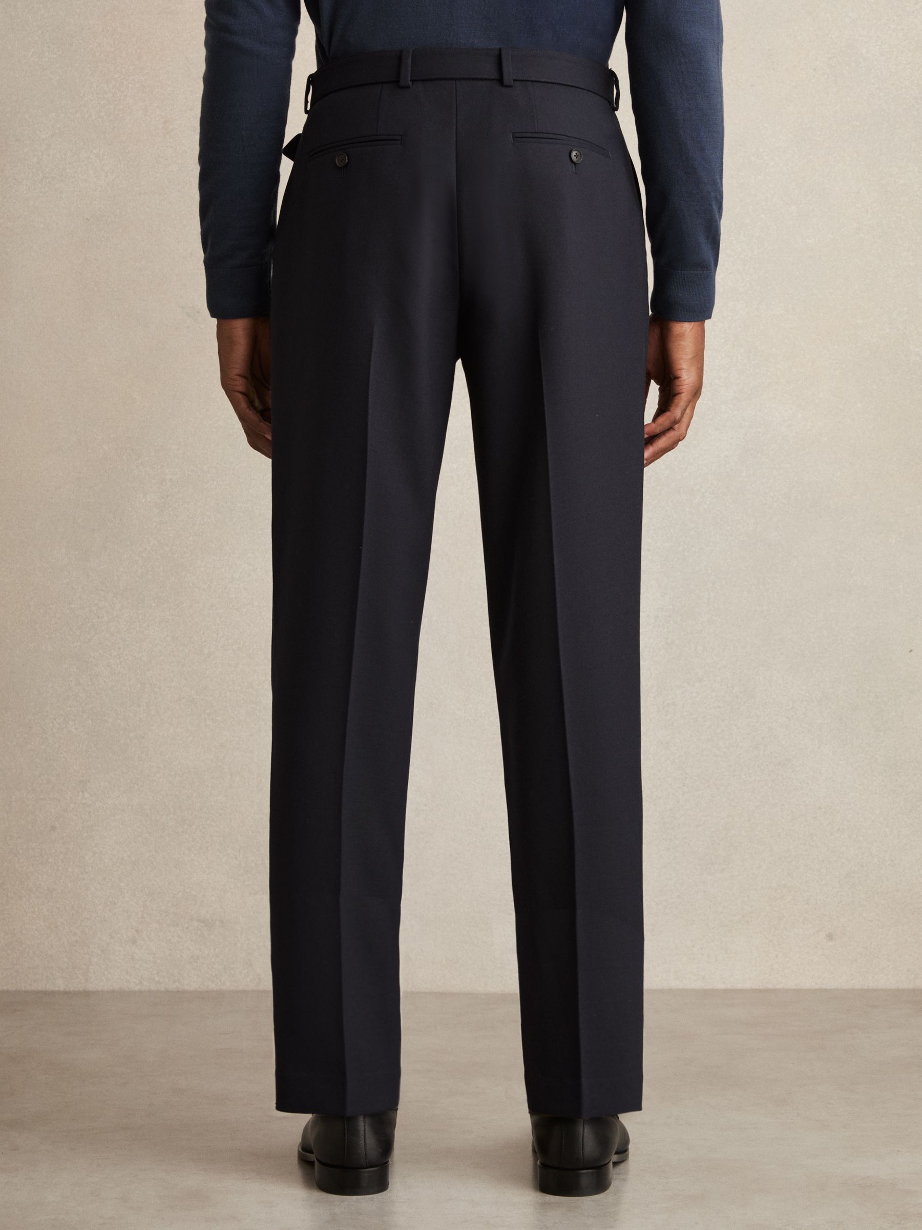 Wool-Blend Tailored-Fit Belted Trousers in Navy