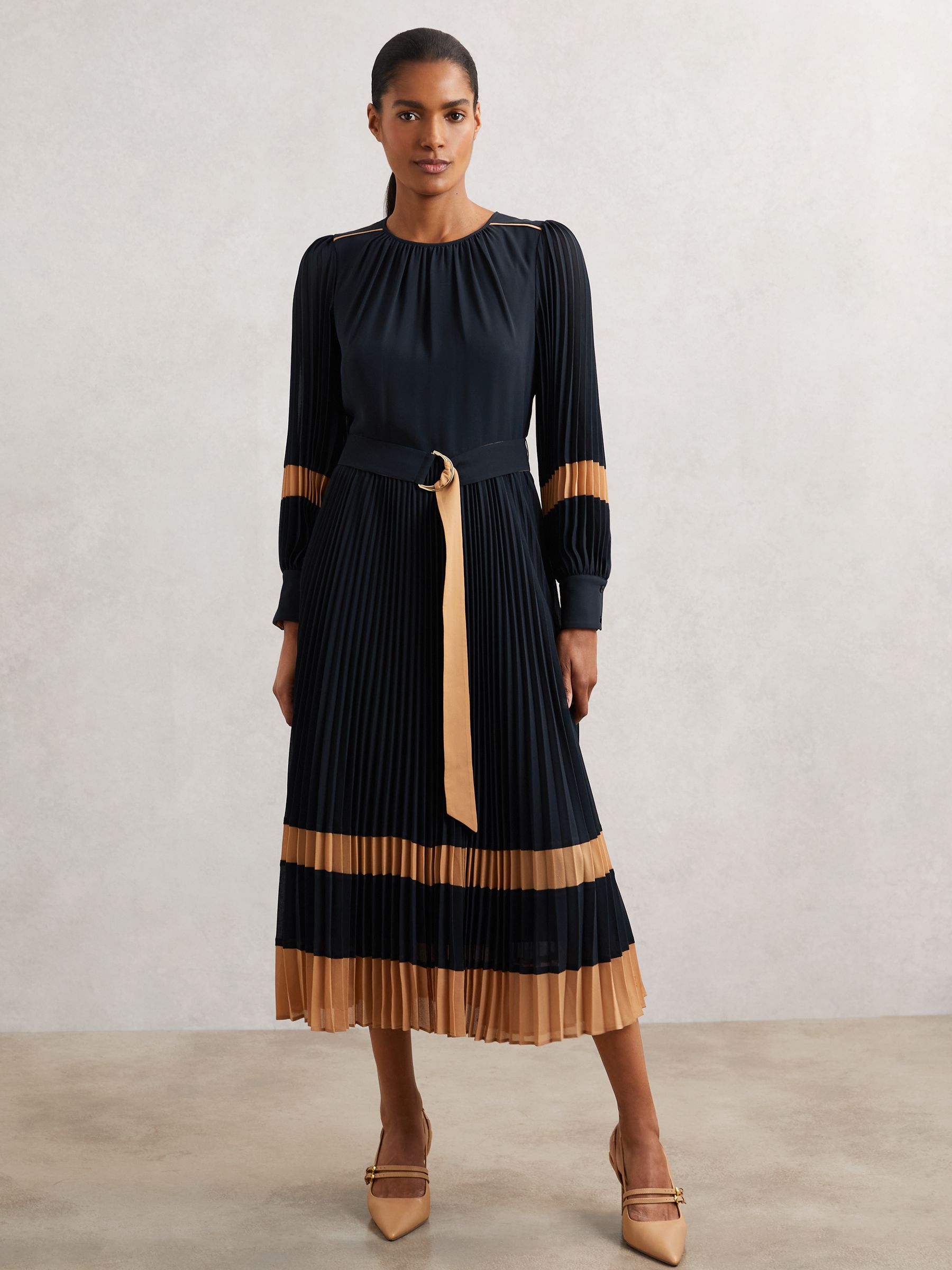 Colour-Block Pleated Midi Dress in Navy/Camel