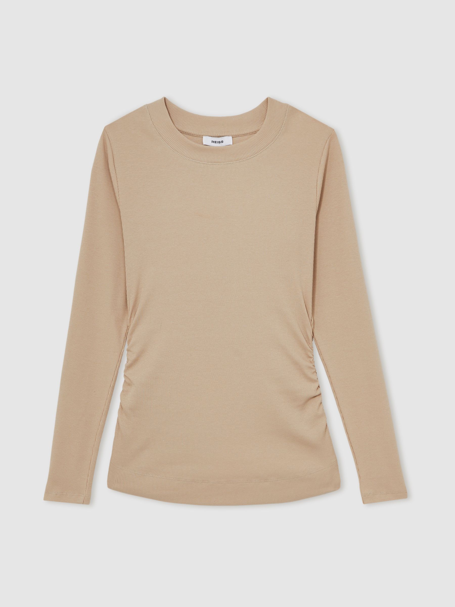 Cotton Long-Sleeve Ruched T-Shirt with Stretch in Camel