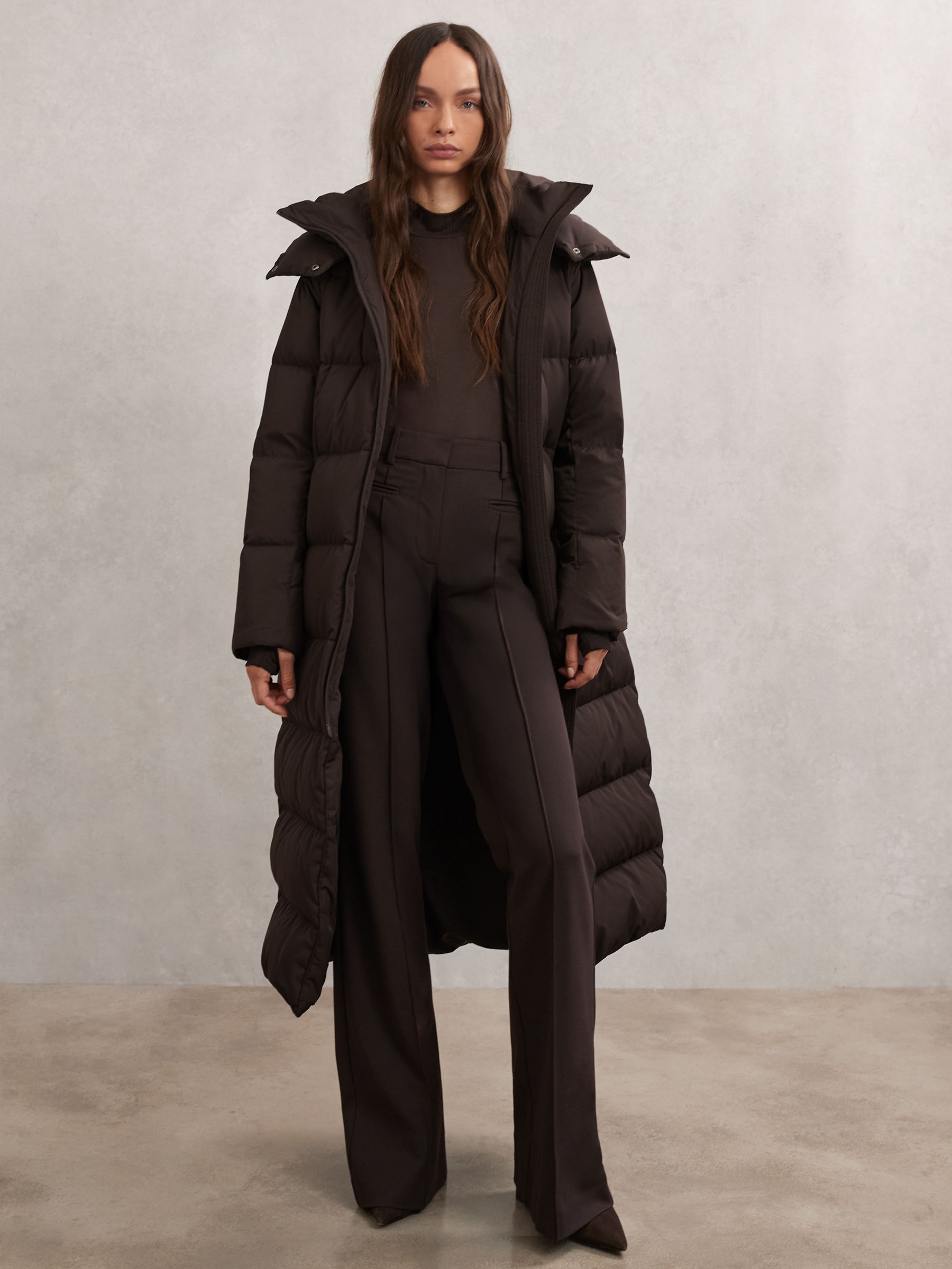 Petite Belted Longline Hooded Puffer Coat in Chocolate Brown