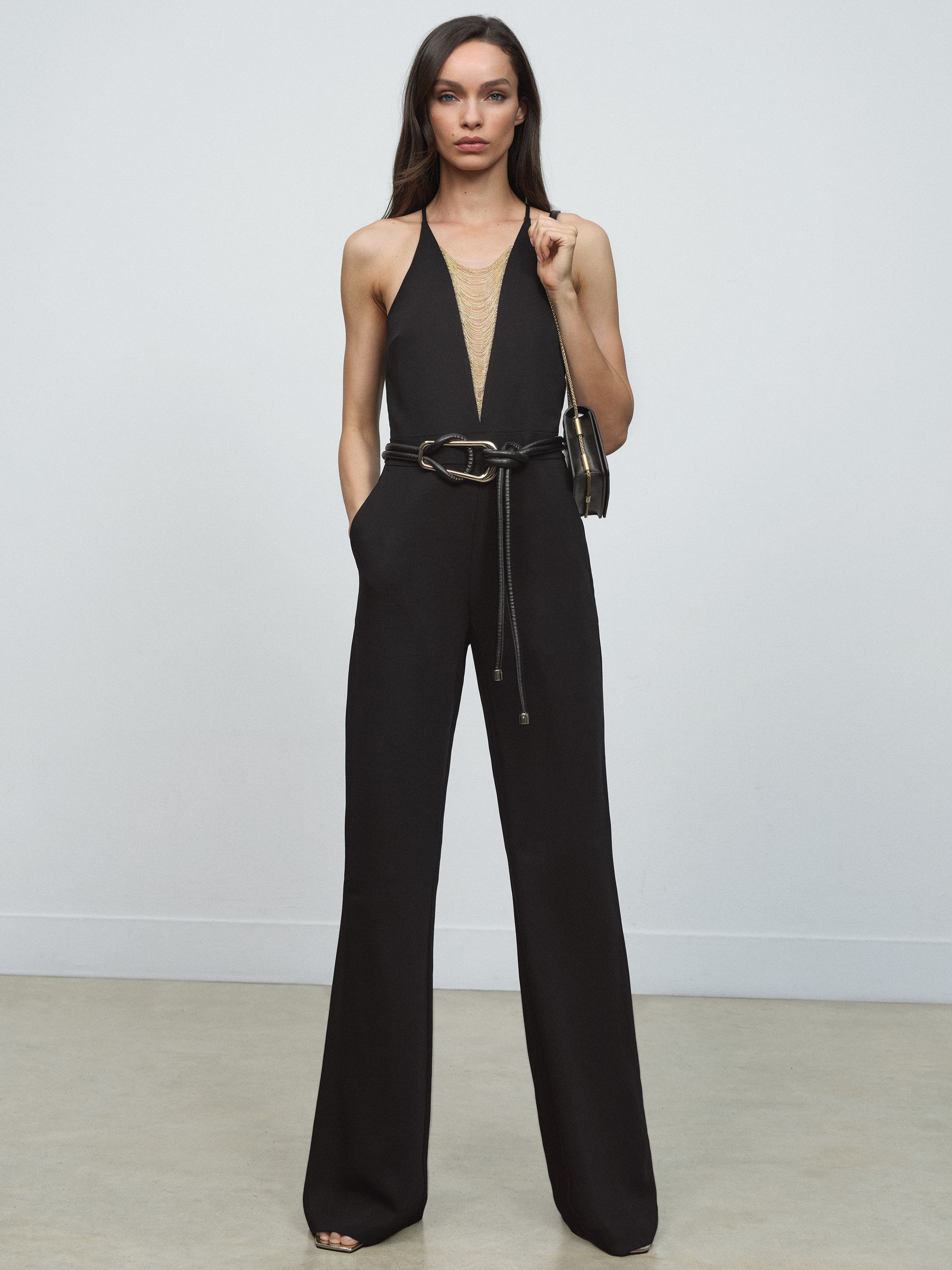 Chain-Detail Flared-Leg Jumpsuit in Black