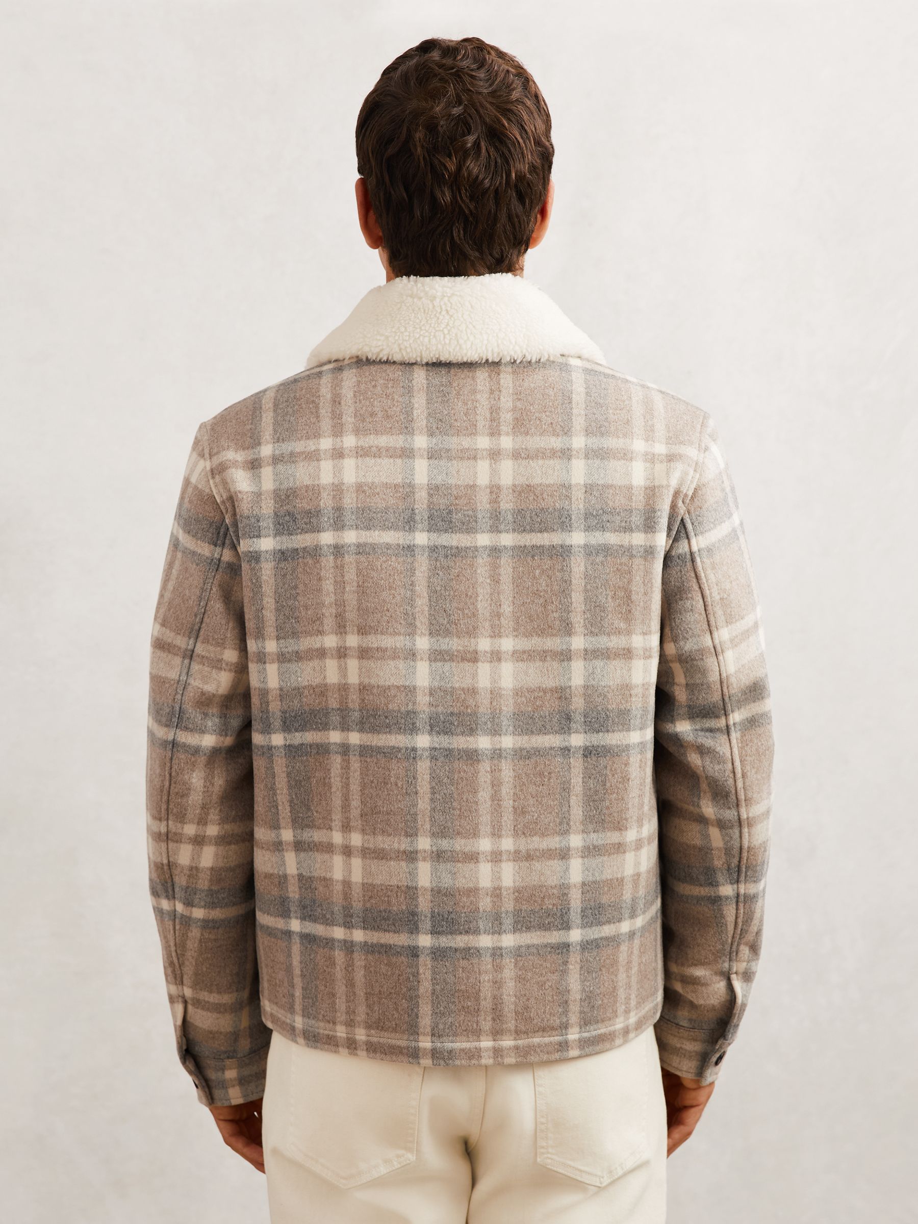 Wool-Blend Check Fleece-Collar Jacket in Oatmeal Brown