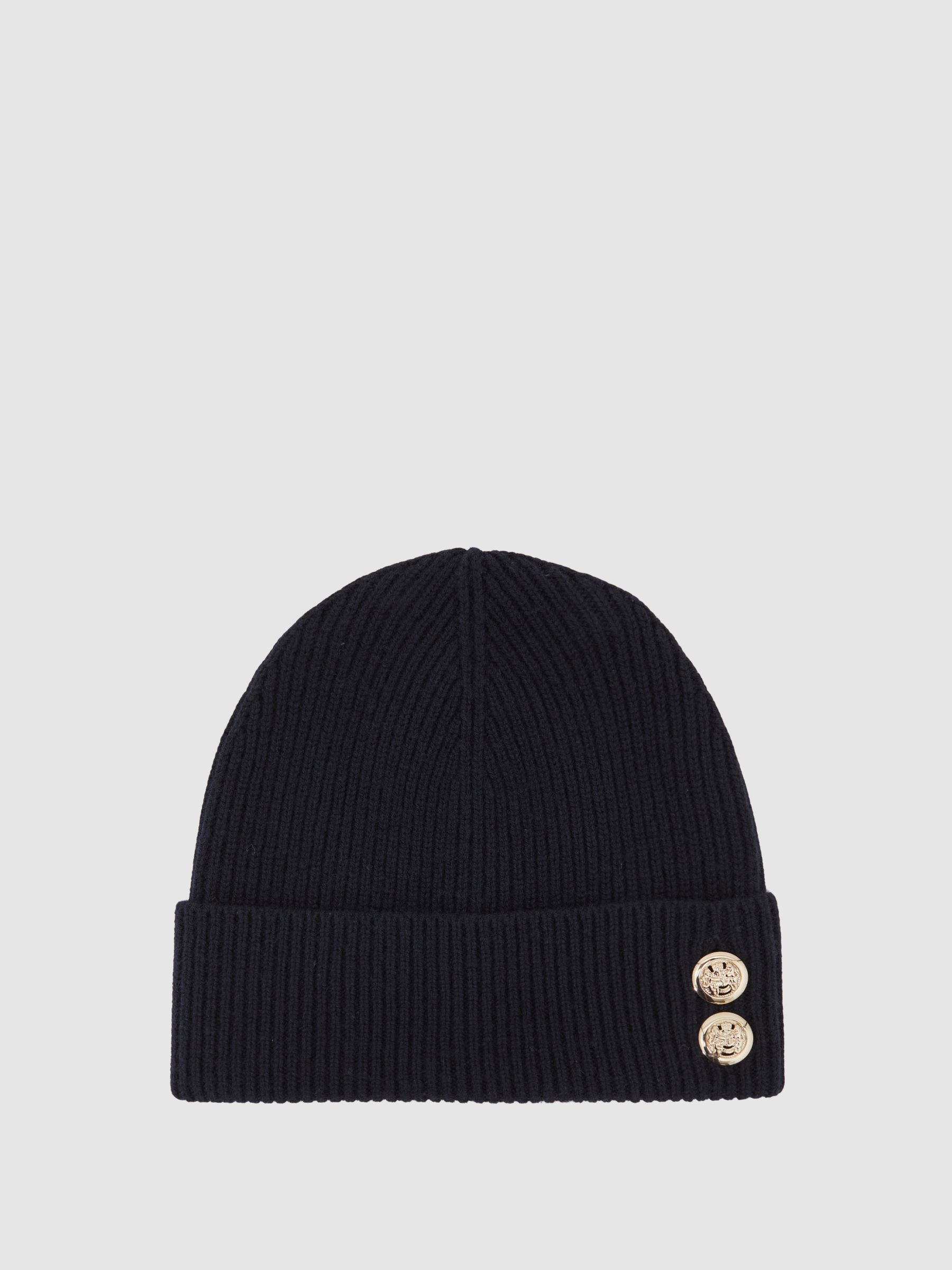 Merino Wool Blend Button Beanie With Cashmere in Navy