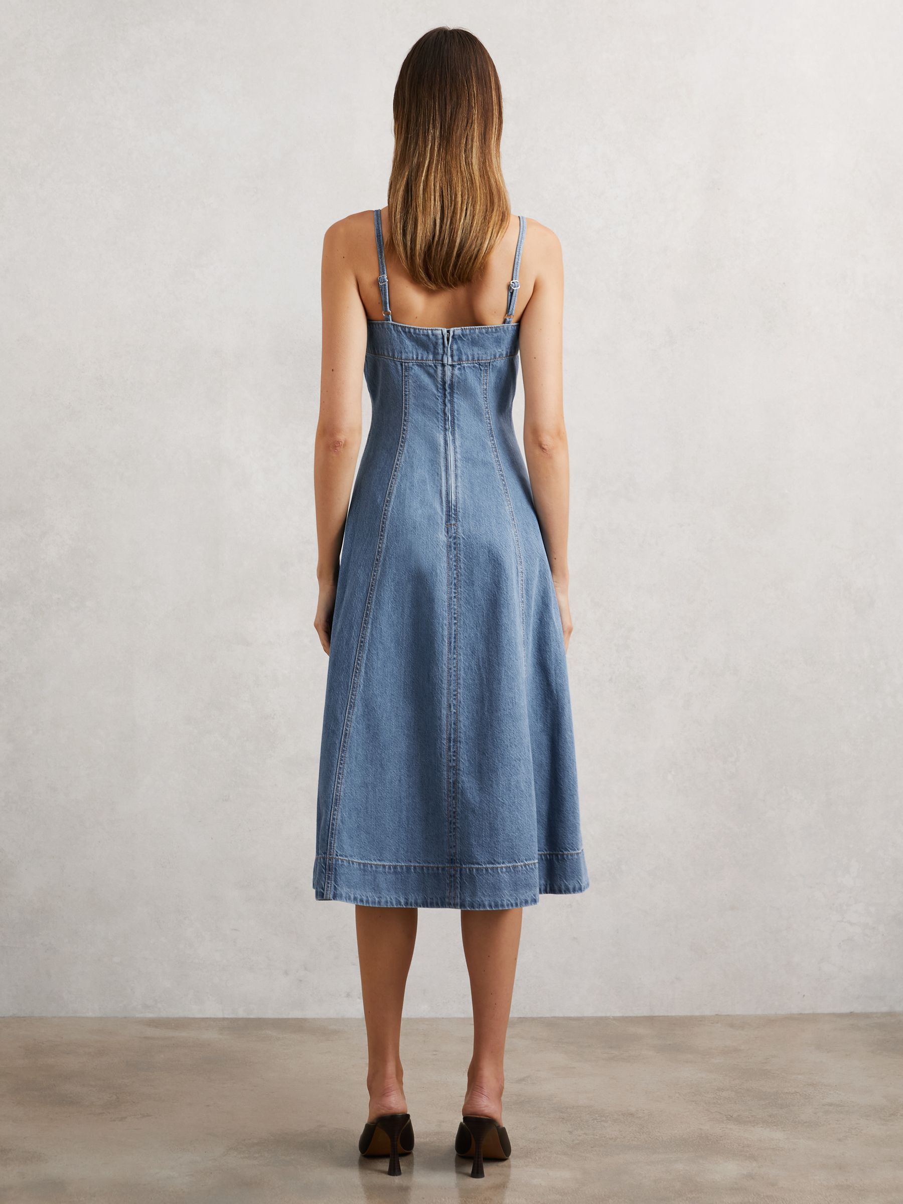Paige Flared Denim Midi Dress in Light Blue