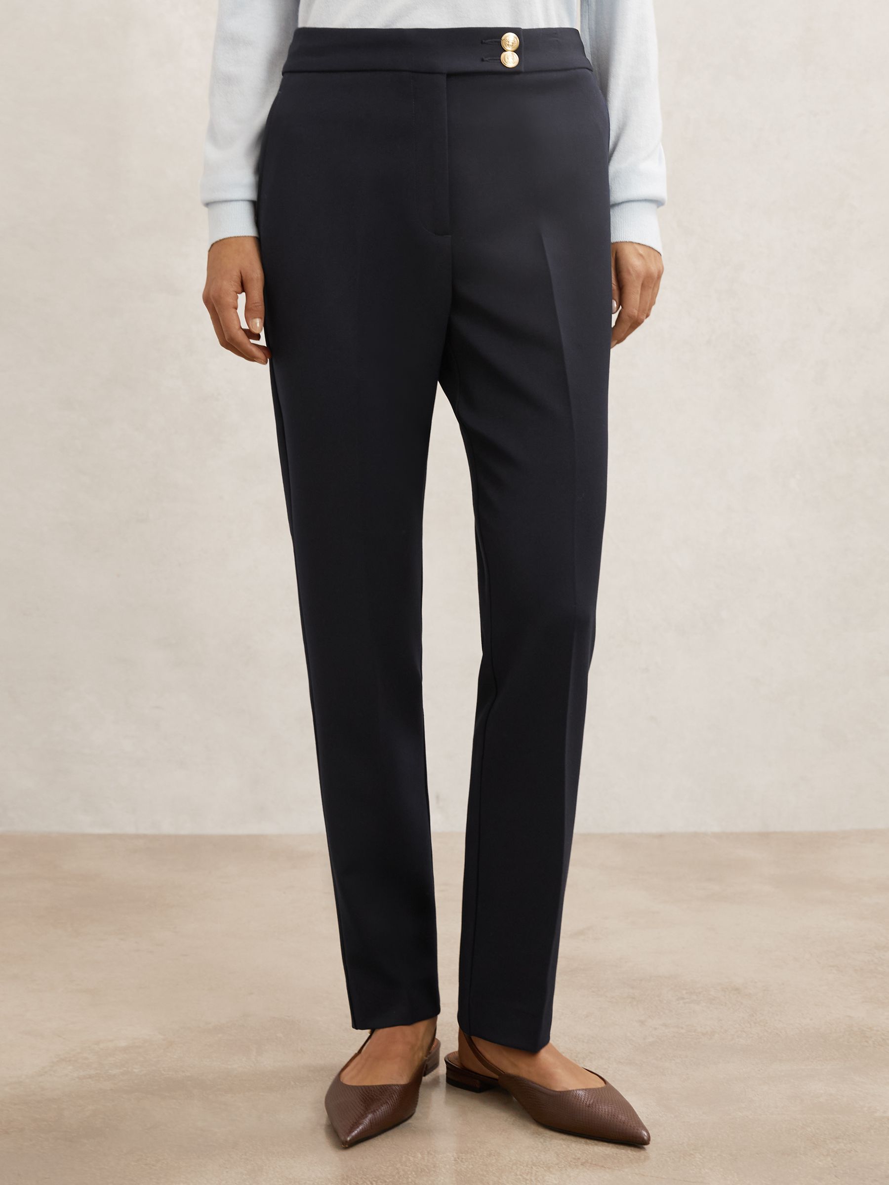 Petite Tapered Button-Detail Trousers in Navy